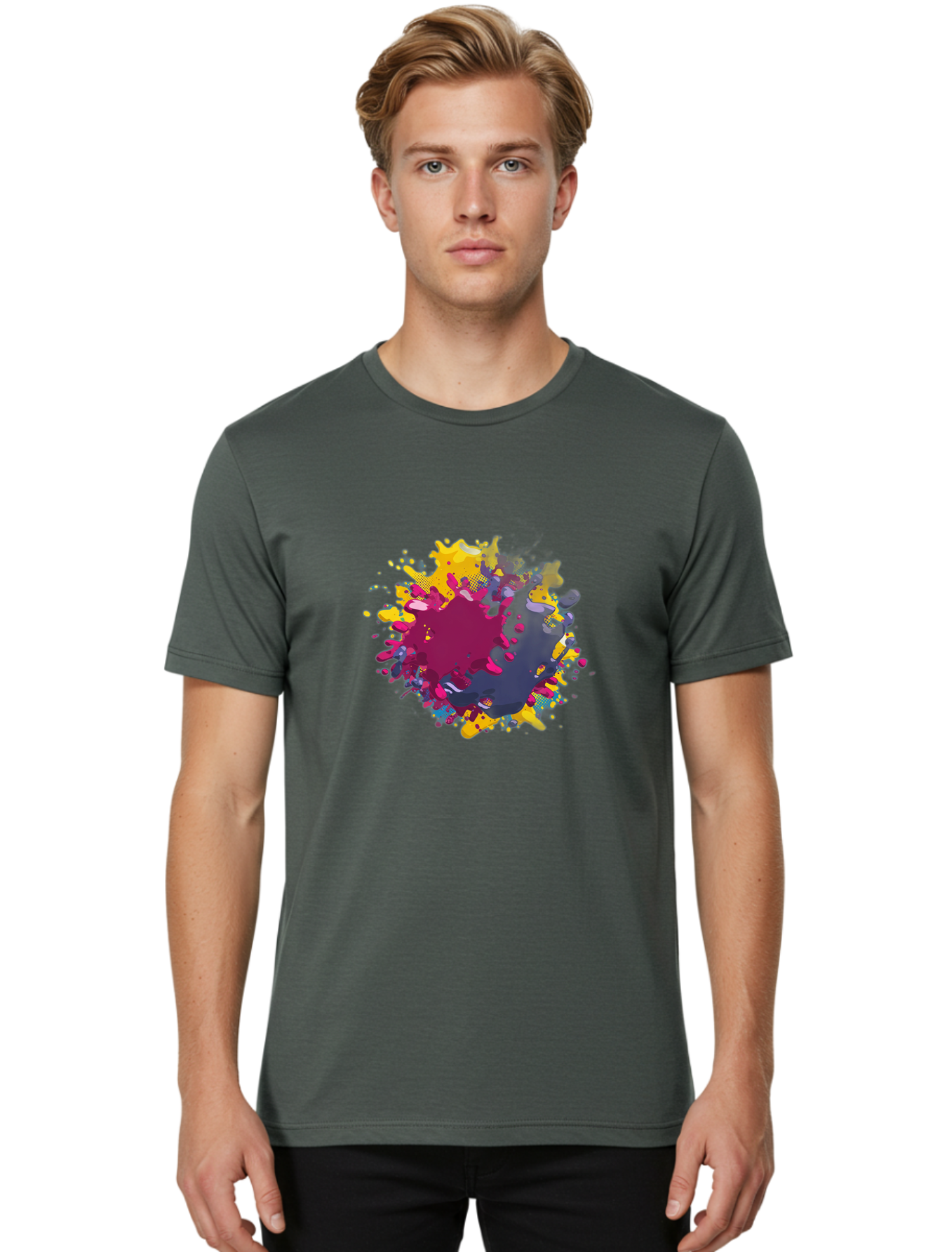 Color-Splash Men'S Graphic Tee, 100% Cotton, Comfortable Casual Summer Wear, Machine Washable, Colorful Paint Splatter, Vibrant Colors, Abstract Art, Dynamic Shapes, Creative Design, Artistic Expression, Splattered Paint, Mixed Media Art Baa384