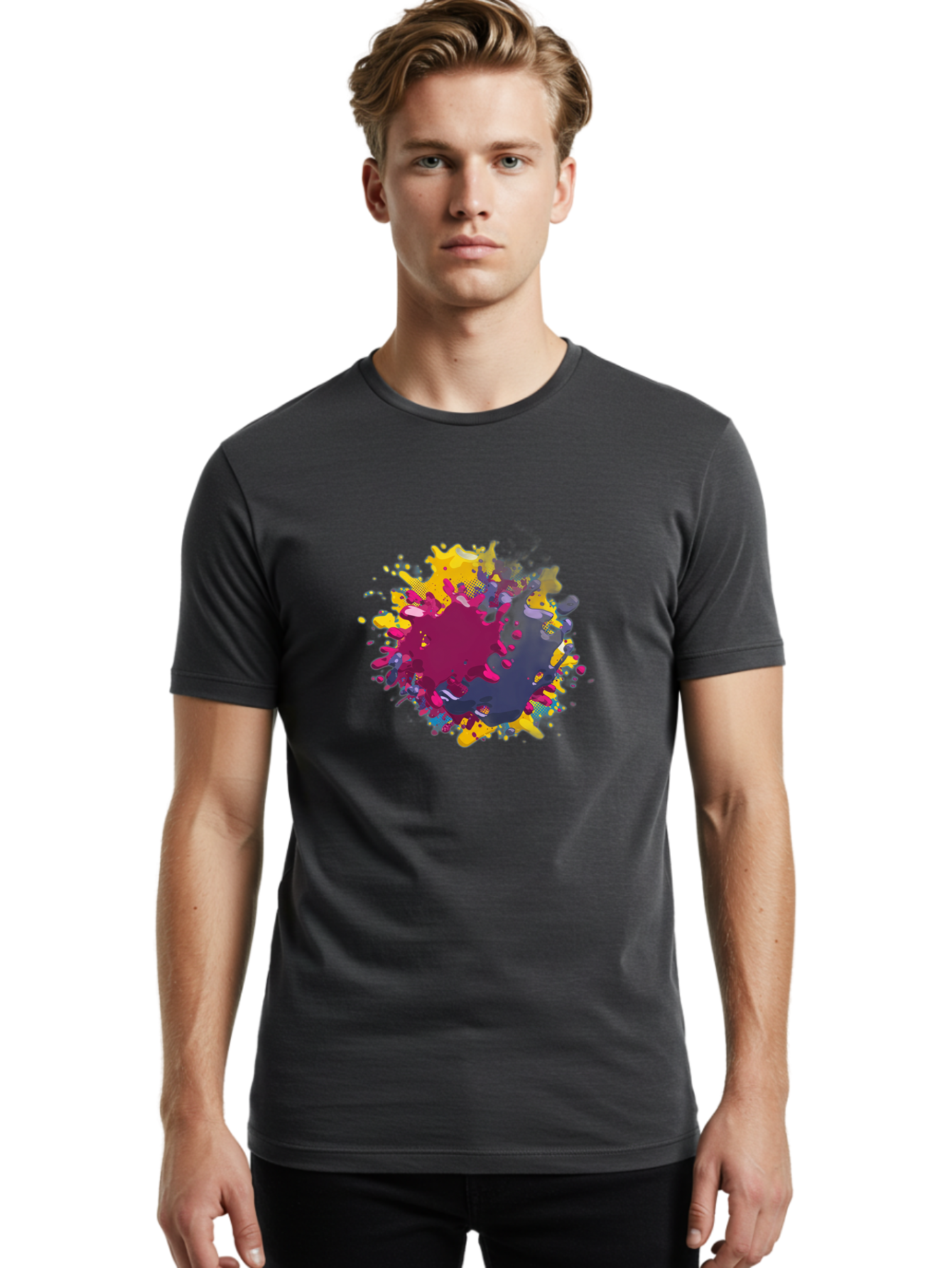 Color-Splash Men'S Graphic Tee, 100% Cotton, Comfortable Casual Summer Wear, Machine Washable, Colorful Paint Splatter, Vibrant Colors, Abstract Art, Dynamic Shapes, Creative Design, Artistic Expression, Splattered Paint, Mixed Media Art Baa384