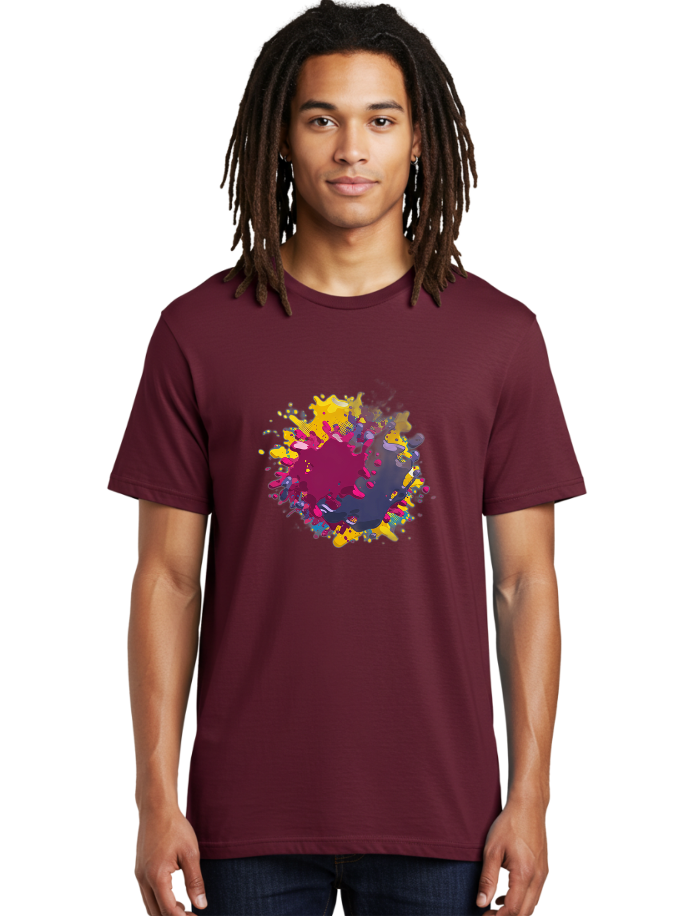 Color-Splash Men'S Graphic Tee, 100% Cotton, Comfortable Casual Summer Wear, Machine Washable, Colorful Paint Splatter, Vibrant Colors, Abstract Art, Dynamic Shapes, Creative Design, Artistic Expression, Splattered Paint, Mixed Media Art Baa384
