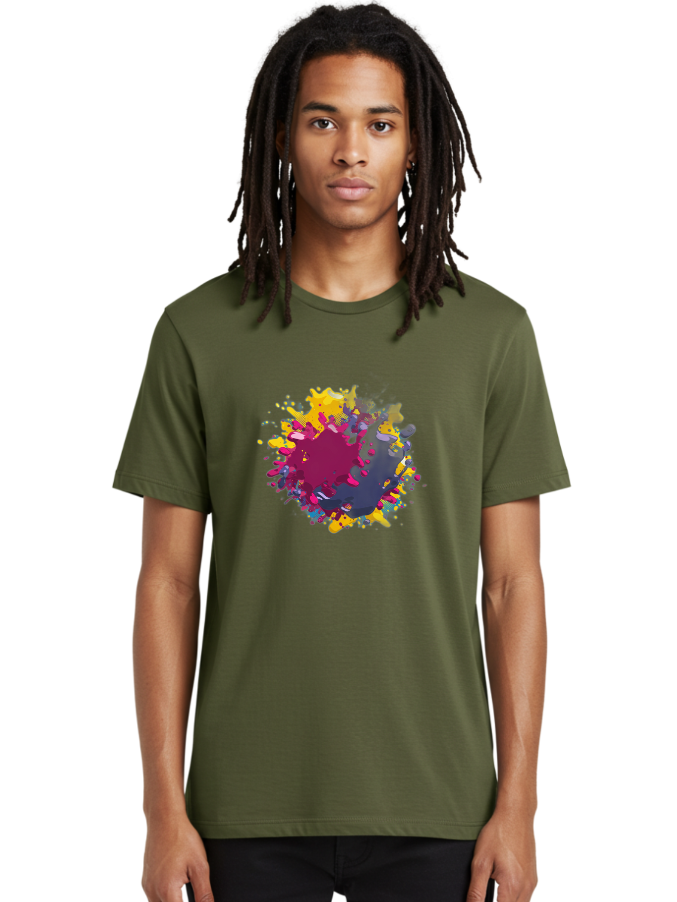 Color-Splash Men'S Graphic Tee, 100% Cotton, Comfortable Casual Summer Wear, Machine Washable, Colorful Paint Splatter, Vibrant Colors, Abstract Art, Dynamic Shapes, Creative Design, Artistic Expression, Splattered Paint, Mixed Media Art Baa384