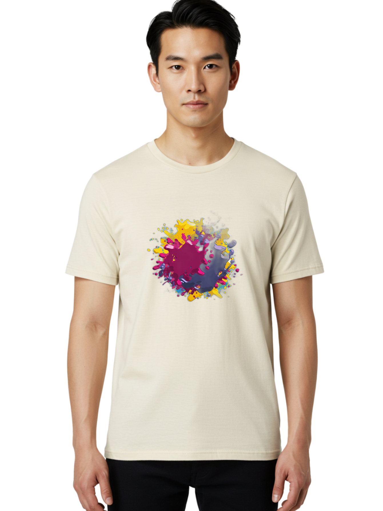 Color-Splash Men'S Graphic Tee, 100% Cotton, Comfortable Casual Summer Wear, Machine Washable, Colorful Paint Splatter, Vibrant Colors, Abstract Art, Dynamic Shapes, Creative Design, Artistic Expression, Splattered Paint, Mixed Media Art Baa384