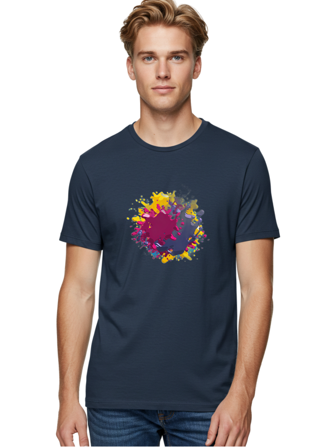 Color-Splash Men'S Graphic Tee, 100% Cotton, Comfortable Casual Summer Wear, Machine Washable, Colorful Paint Splatter, Vibrant Colors, Abstract Art, Dynamic Shapes, Creative Design, Artistic Expression, Splattered Paint, Mixed Media Art Baa384
