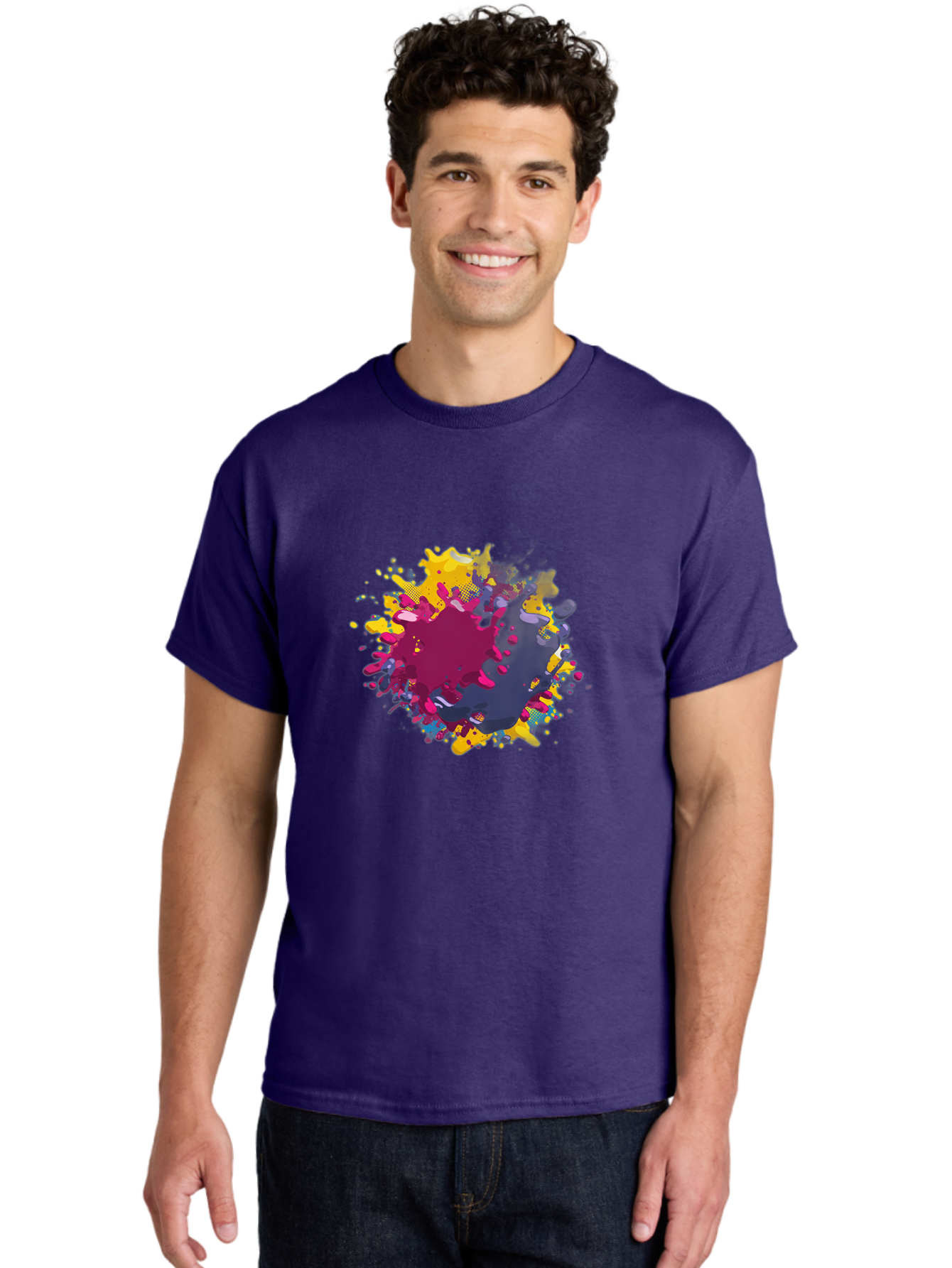 Color-Splash Men'S Graphic Tee, 100% Cotton, Comfortable Casual Summer Wear, Machine Washable, Colorful Paint Splatter, Vibrant Colors, Abstract Art, Dynamic Shapes, Creative Design, Artistic Expression, Splattered Paint, Mixed Media Art Baa384