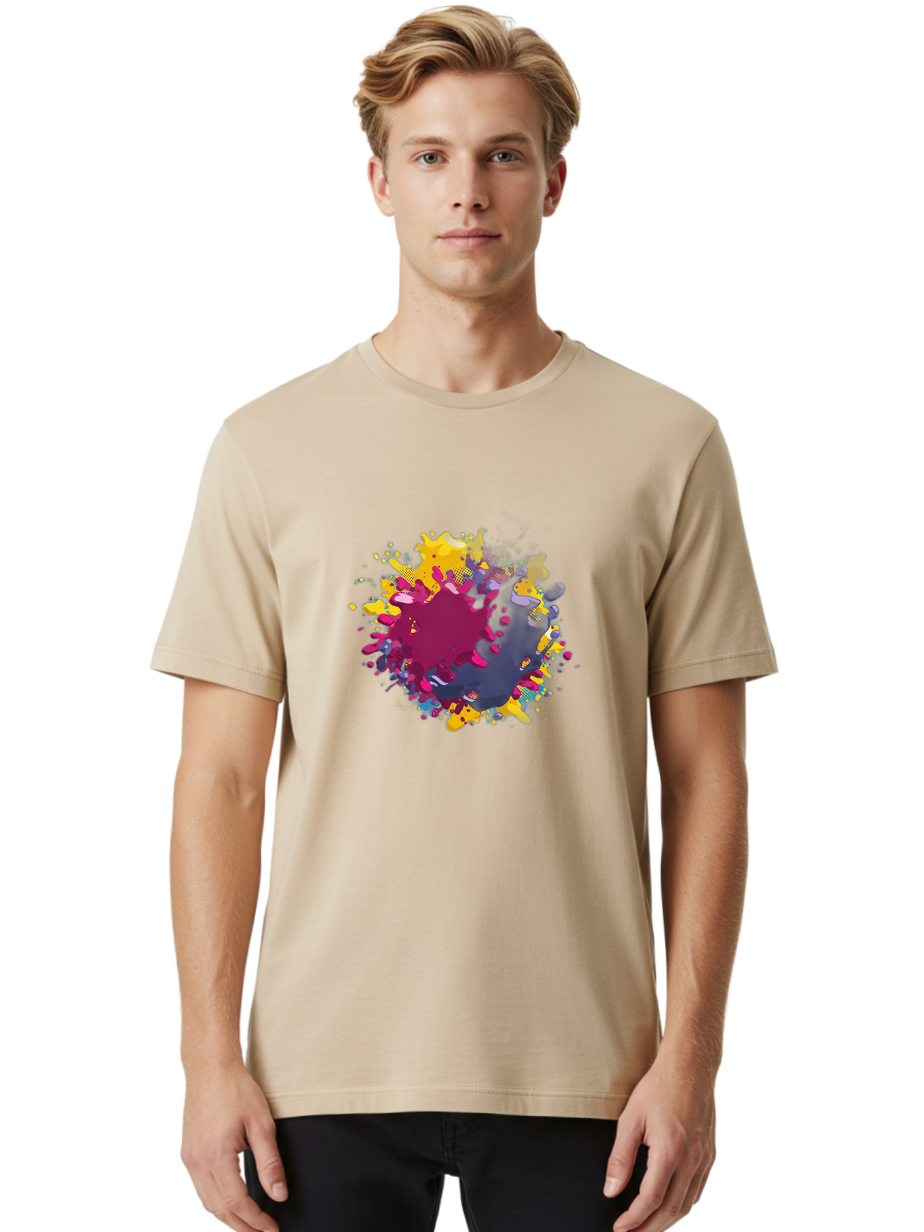 Color-Splash Men'S Graphic Tee, 100% Cotton, Comfortable Casual Summer Wear, Machine Washable, Colorful Paint Splatter, Vibrant Colors, Abstract Art, Dynamic Shapes, Creative Design, Artistic Expression, Splattered Paint, Mixed Media Art Baa384