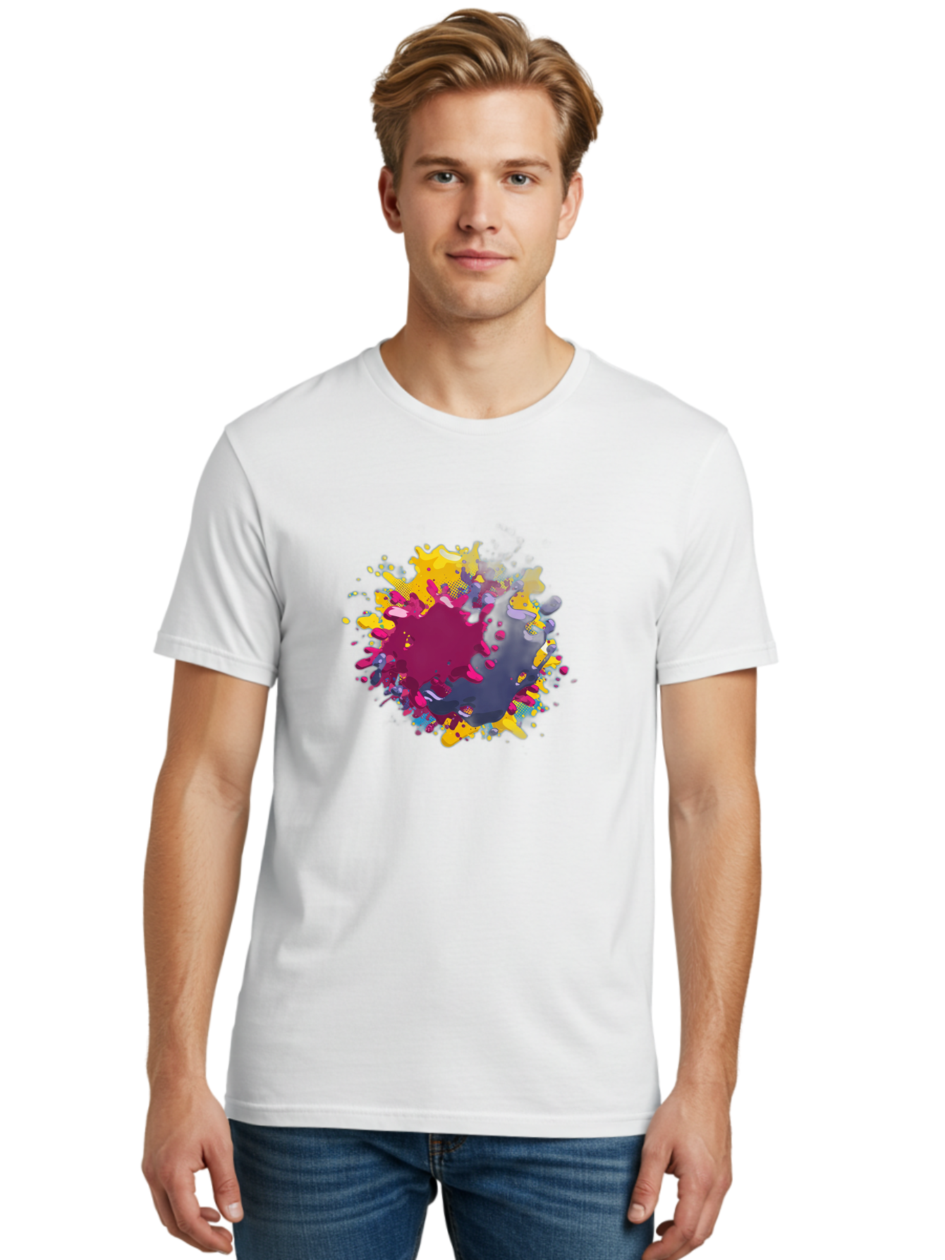 Color-Splash Men'S Graphic Tee, 100% Cotton, Comfortable Casual Summer Wear, Machine Washable, Colorful Paint Splatter, Vibrant Colors, Abstract Art, Dynamic Shapes, Creative Design, Artistic Expression, Splattered Paint, Mixed Media Art Baa384