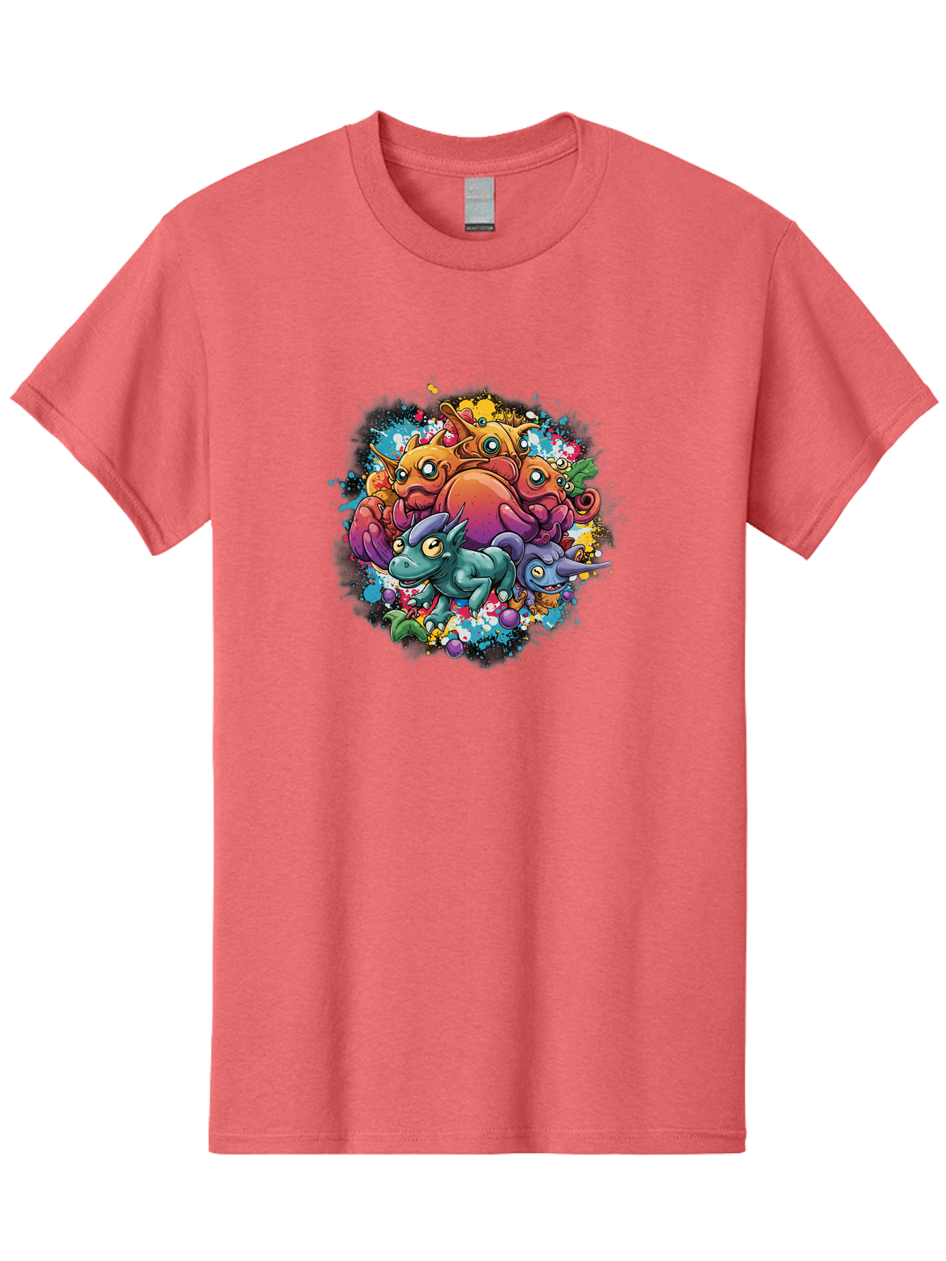 Colorful-Creatures Men'S Graphic Tee, 100% Cotton, Comfortable Casual Summer Wear, Machine Washable, Fantasy Creatures, Cartoon Characters, Colorful Illustration, Whimsical Creatures, Playful Design, Imaginative Art, Vibrant Colors, Baa385