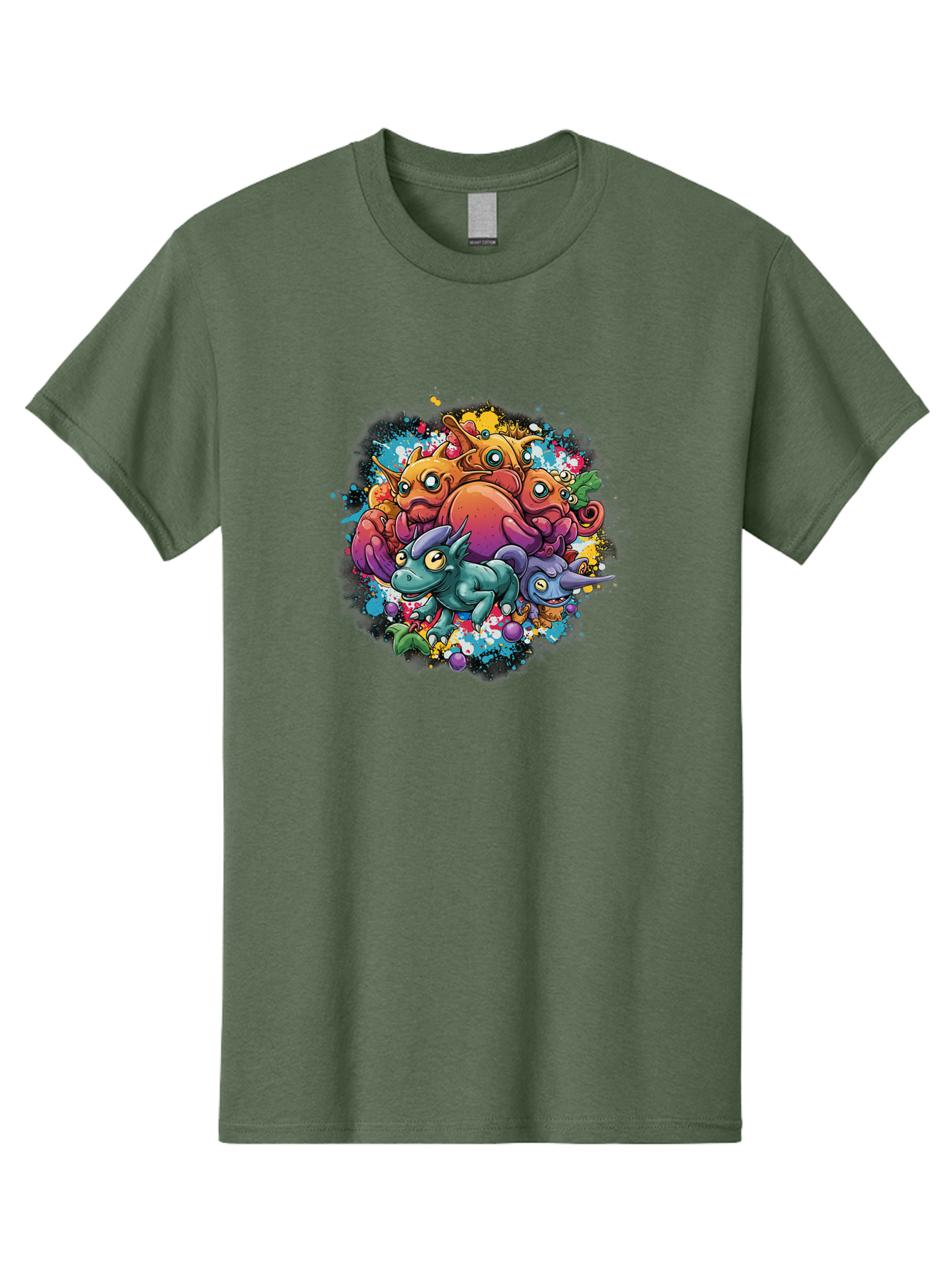 Colorful-Creatures Men'S Graphic Tee, 100% Cotton, Comfortable Casual Summer Wear, Machine Washable, Fantasy Creatures, Cartoon Characters, Colorful Illustration, Whimsical Creatures, Playful Design, Imaginative Art, Vibrant Colors, Baa385