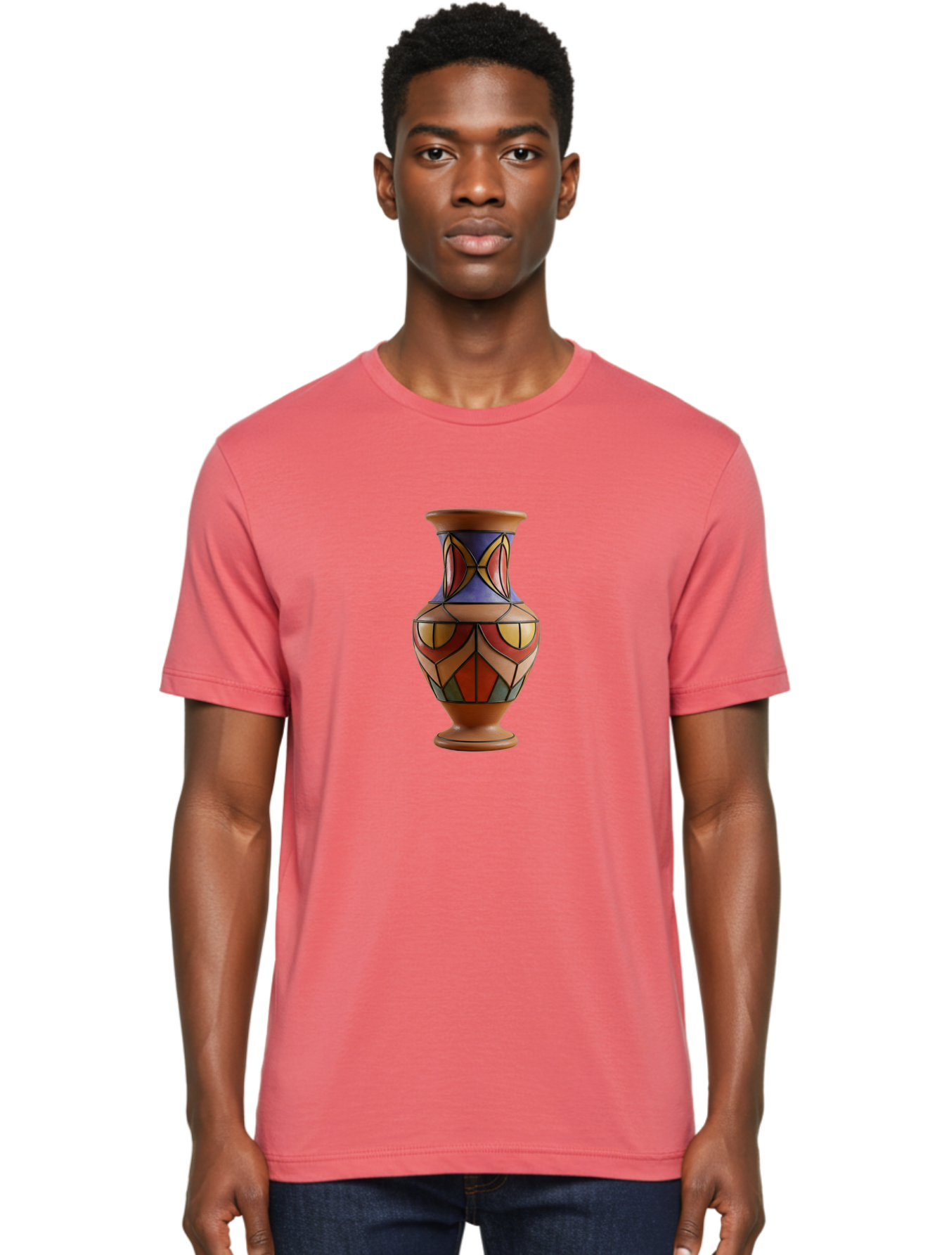 Colorful-Decorative-Vase Men'S Graphic Tee, 100% Cotton, Comfortable Casual Summer Wear, Machine Washable, Hand-Painted Vase, Ceramic Art, Geometric Shapes, Red, Blue, Yellow, Orange, Black, Earthy Tones, Interior Decor, Bohemian Style, Baa386