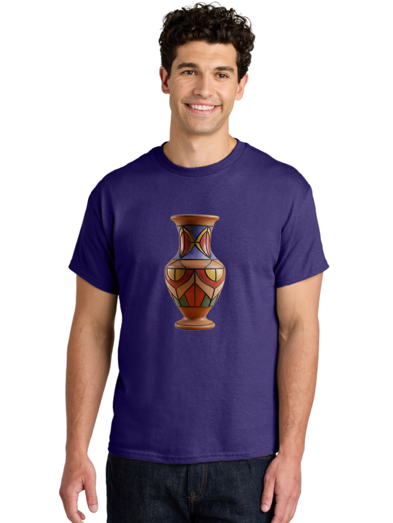 Colorful-Decorative-Vase Men'S Graphic Tee, 100% Cotton, Comfortable Casual Summer Wear, Machine Washable, Hand-Painted Vase, Ceramic Art, Geometric Shapes, Red, Blue, Yellow, Orange, Black, Earthy Tones, Interior Decor, Bohemian Style, Baa386