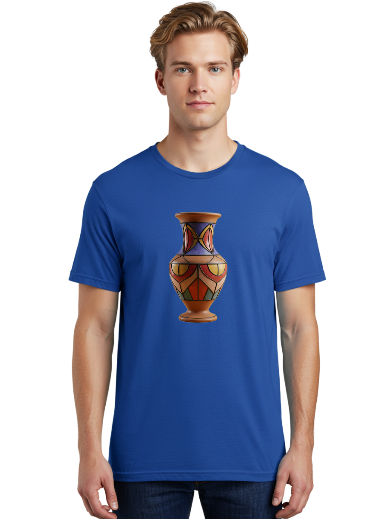 Colorful-Decorative-Vase Men'S Graphic Tee, 100% Cotton, Comfortable Casual Summer Wear, Machine Washable, Hand-Painted Vase, Ceramic Art, Geometric Shapes, Red, Blue, Yellow, Orange, Black, Earthy Tones, Interior Decor, Bohemian Style, Baa386