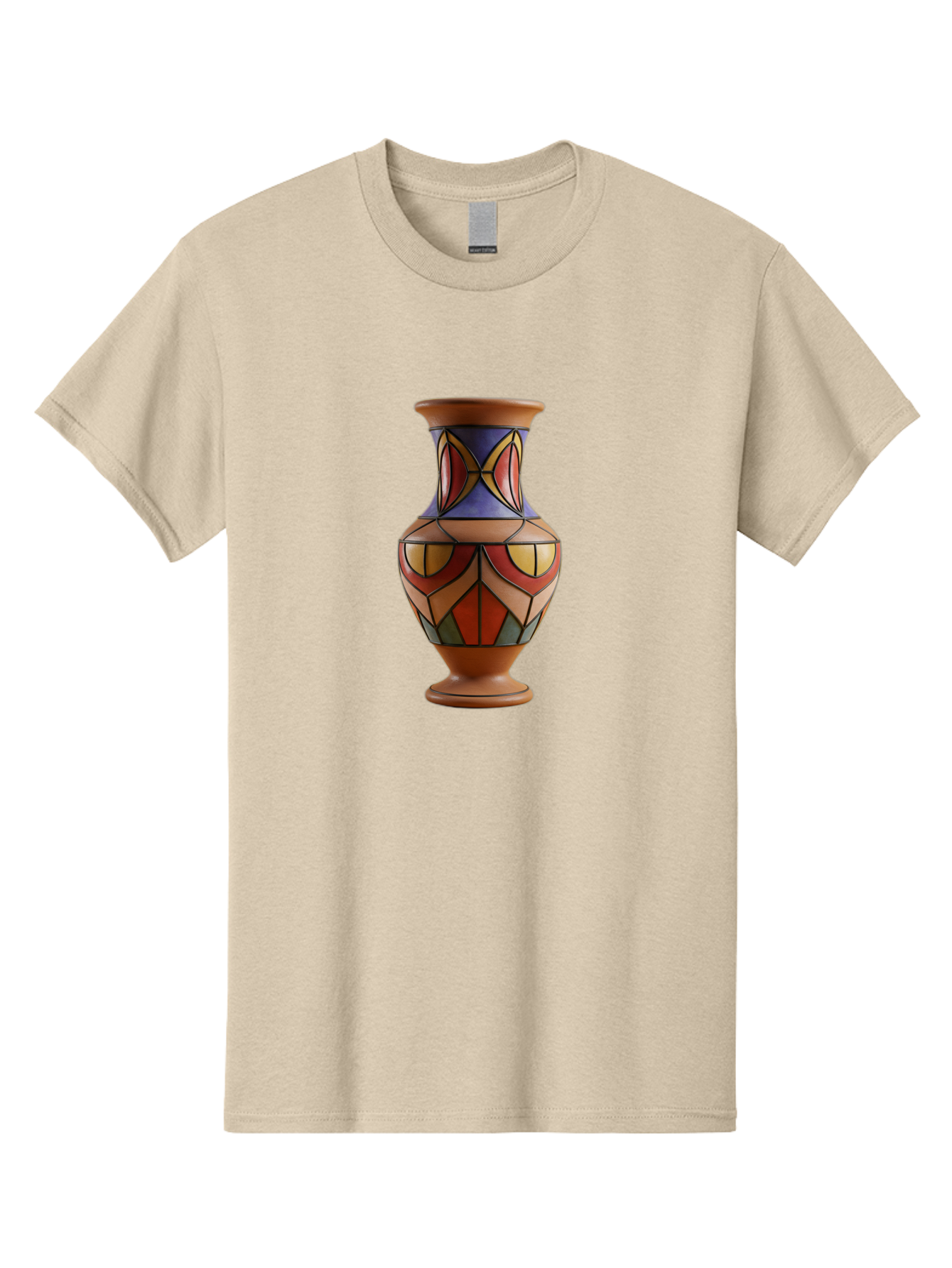 Colorful-Decorative-Vase Men'S Graphic Tee, 100% Cotton, Comfortable Casual Summer Wear, Machine Washable, Hand-Painted Vase, Ceramic Art, Geometric Shapes, Red, Blue, Yellow, Orange, Black, Earthy Tones, Interior Decor, Bohemian Style, Baa386