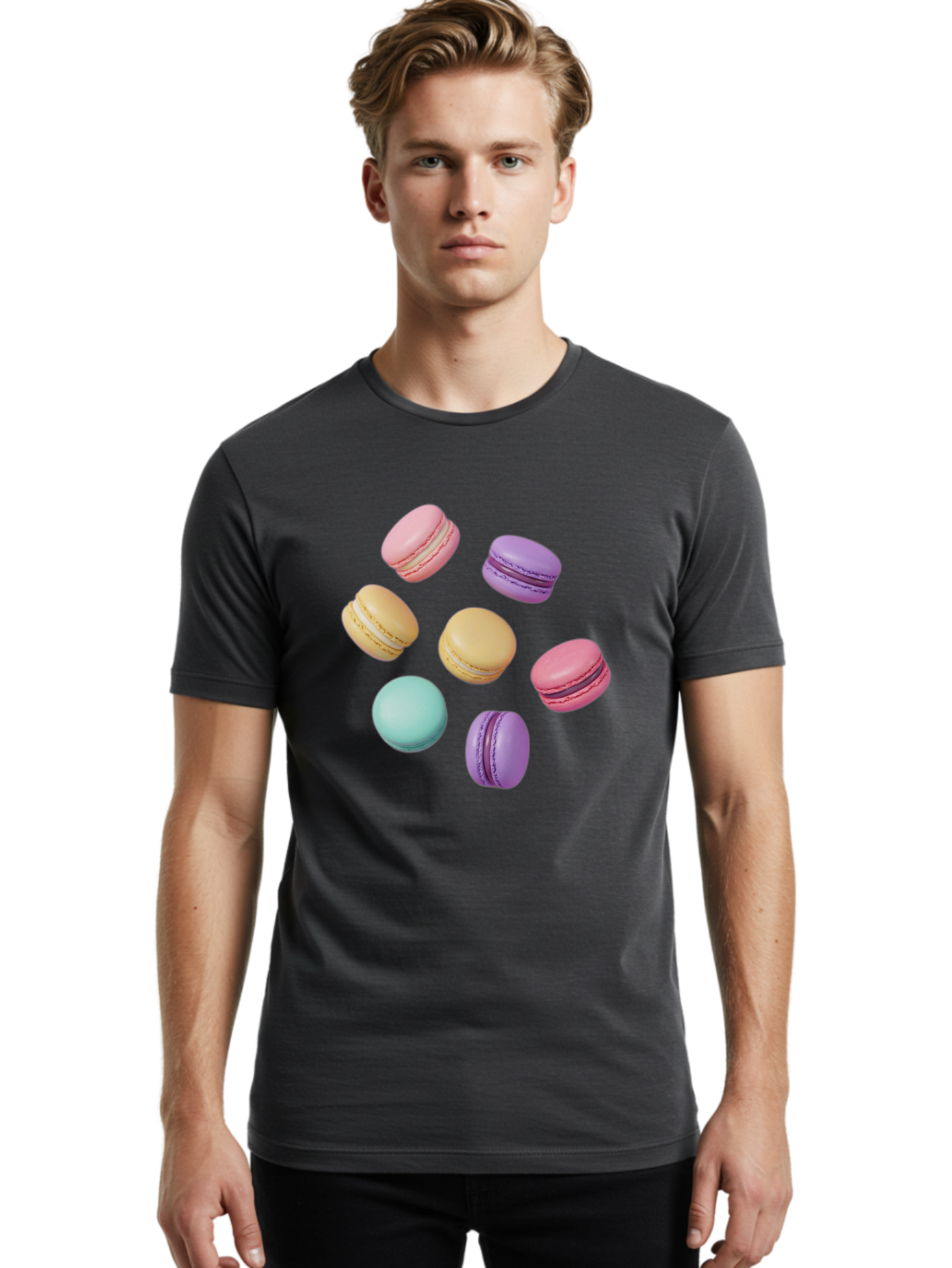 Colorful-Macarons-1 Men'S Graphic Tee, 100% Cotton, Comfortable Casual Summer Wear, Machine Washable, Colorful Macarons, Pastel Macarons, Assorted Macarons, Macaron Dessert, French Macarons, Sweet Treats, French Pastries, Macaron Flavors, Baa389