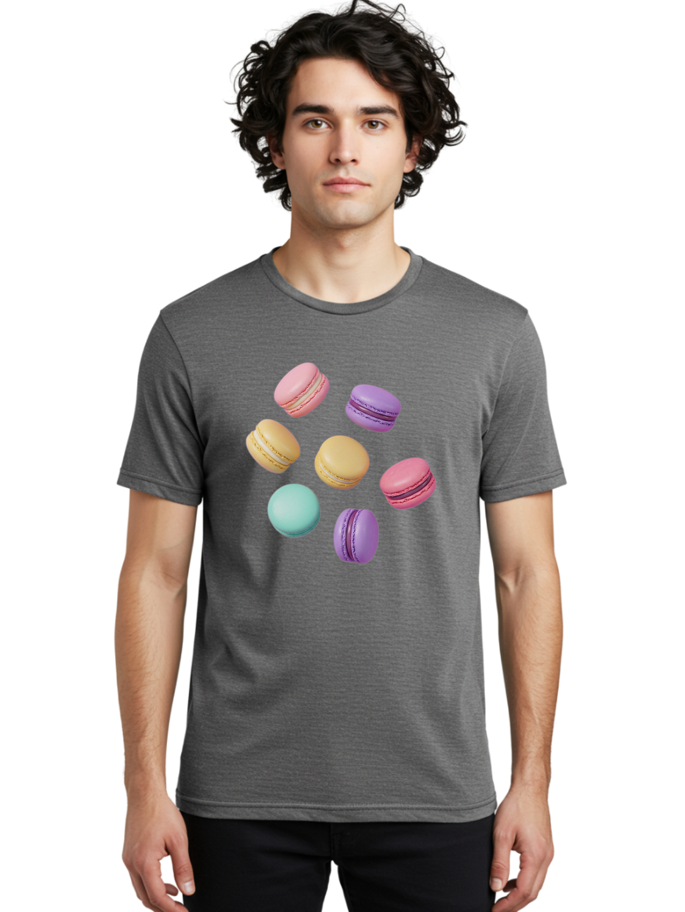 Colorful-Macarons-1 Men'S Graphic Tee, 100% Cotton, Comfortable Casual Summer Wear, Machine Washable, Colorful Macarons, Pastel Macarons, Assorted Macarons, Macaron Dessert, French Macarons, Sweet Treats, French Pastries, Macaron Flavors, Baa389