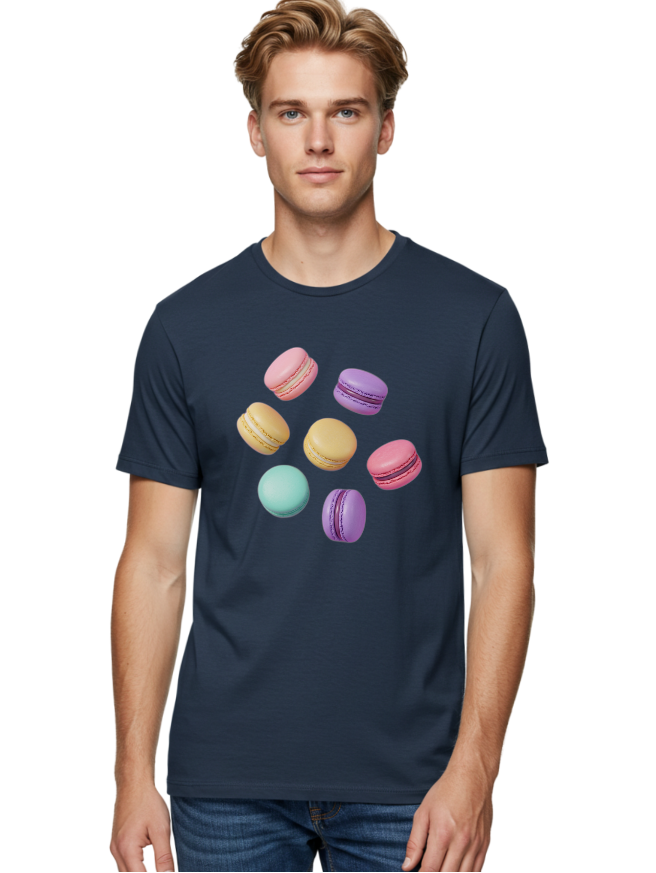 Colorful-Macarons-1 Men'S Graphic Tee, 100% Cotton, Comfortable Casual Summer Wear, Machine Washable, Colorful Macarons, Pastel Macarons, Assorted Macarons, Macaron Dessert, French Macarons, Sweet Treats, French Pastries, Macaron Flavors, Baa389