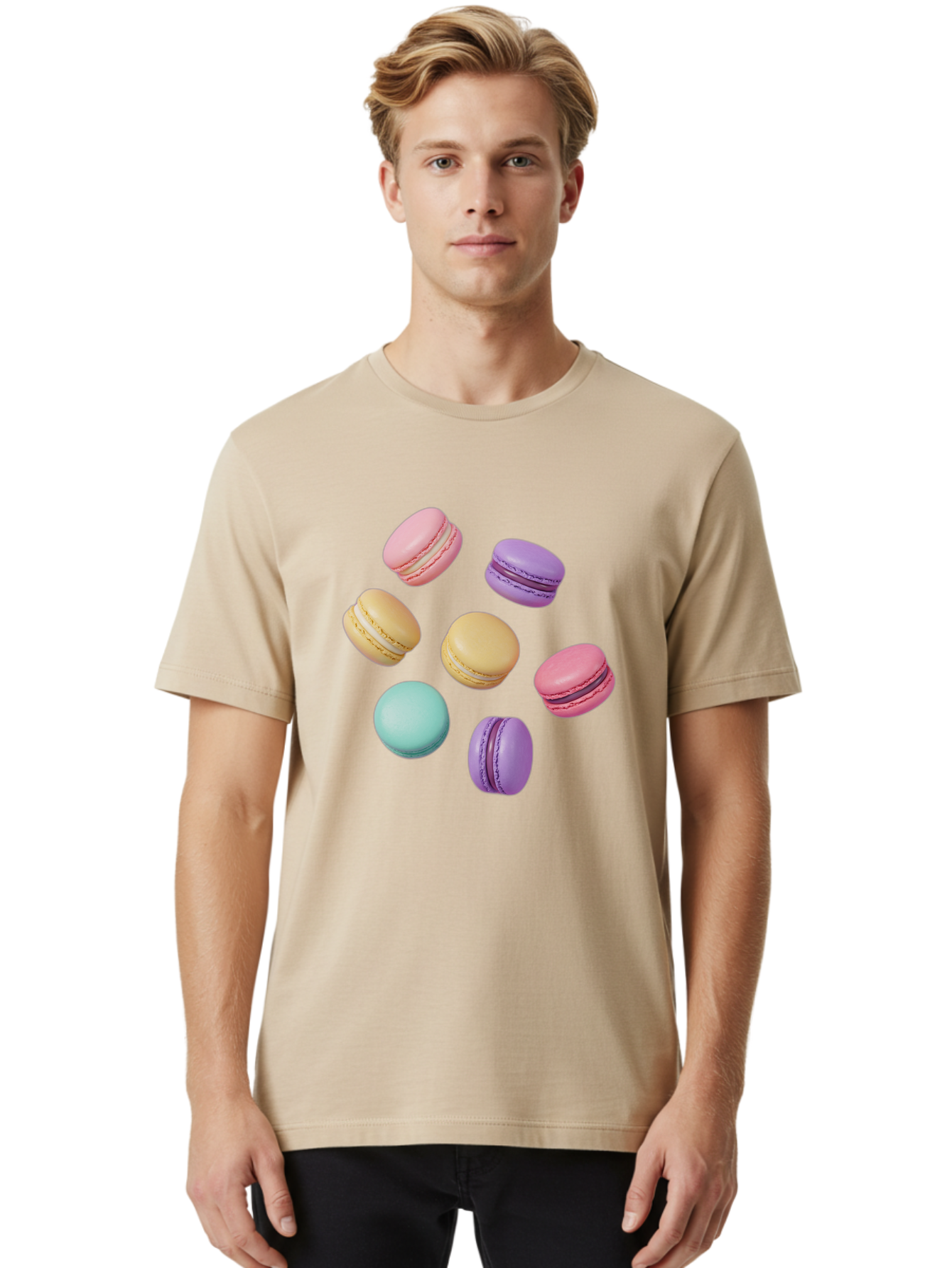 Colorful-Macarons-1 Men'S Graphic Tee, 100% Cotton, Comfortable Casual Summer Wear, Machine Washable, Colorful Macarons, Pastel Macarons, Assorted Macarons, Macaron Dessert, French Macarons, Sweet Treats, French Pastries, Macaron Flavors, Baa389