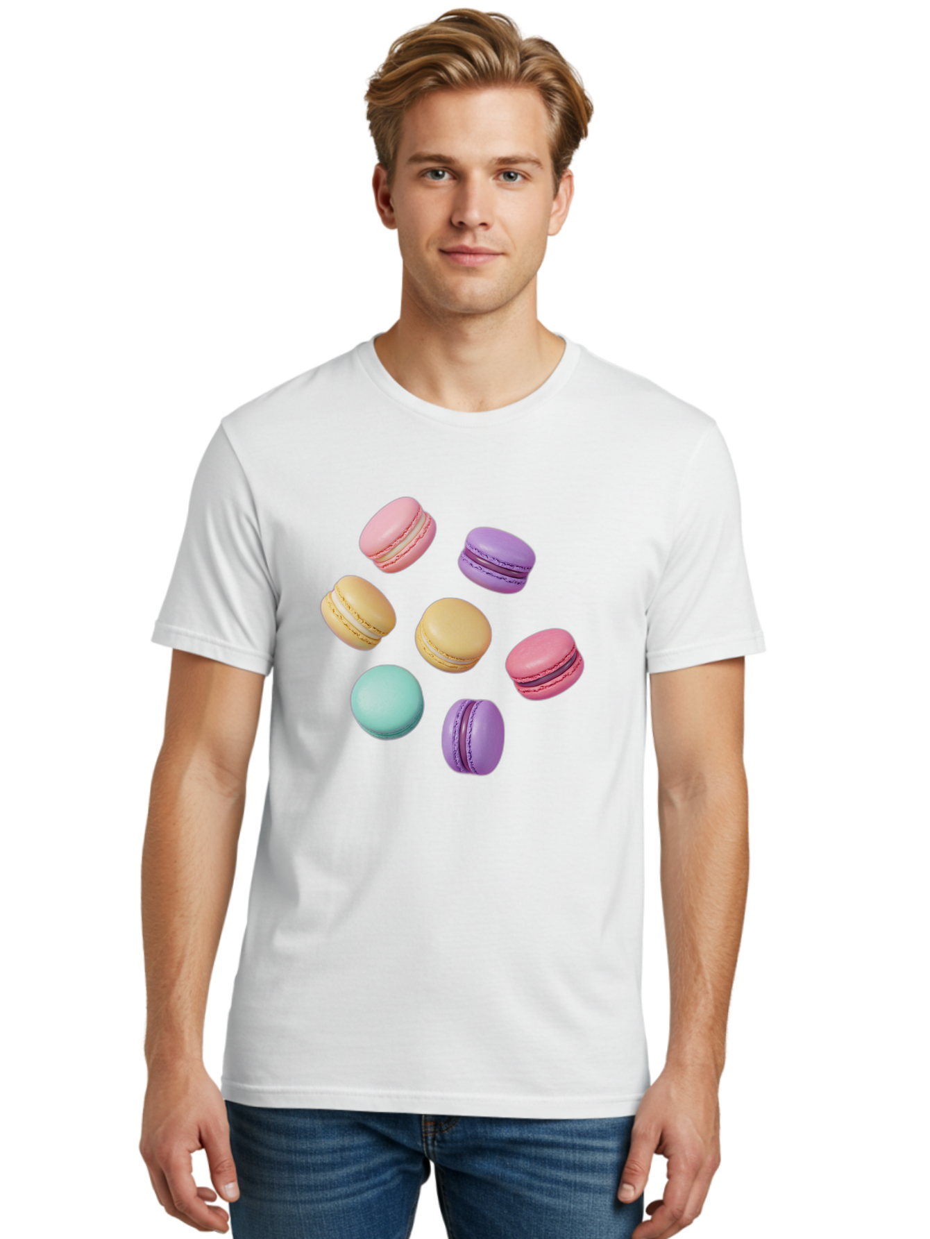 Colorful-Macarons-1 Men'S Graphic Tee, 100% Cotton, Comfortable Casual Summer Wear, Machine Washable, Colorful Macarons, Pastel Macarons, Assorted Macarons, Macaron Dessert, French Macarons, Sweet Treats, French Pastries, Macaron Flavors, Baa389
