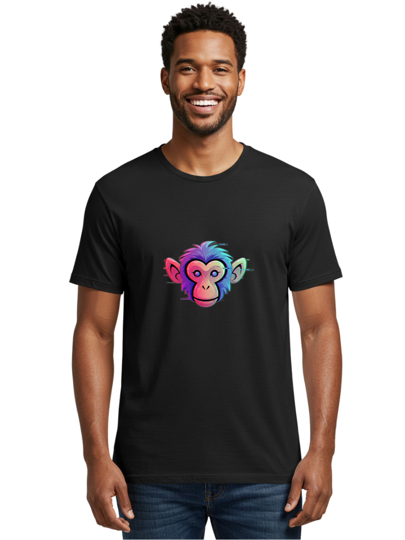 Colorful-Monkey-Head Men'S Graphic Tee, 100% Cotton, Comfortable Casual Summer Wear, Machine Washable, Cartoon Monkey, Colorful Illustration, Vibrant Fur, Pink Face, Blue Eyes, Playful Expression, Whimsical Design, Digital Art, Modern Graphic Baa391