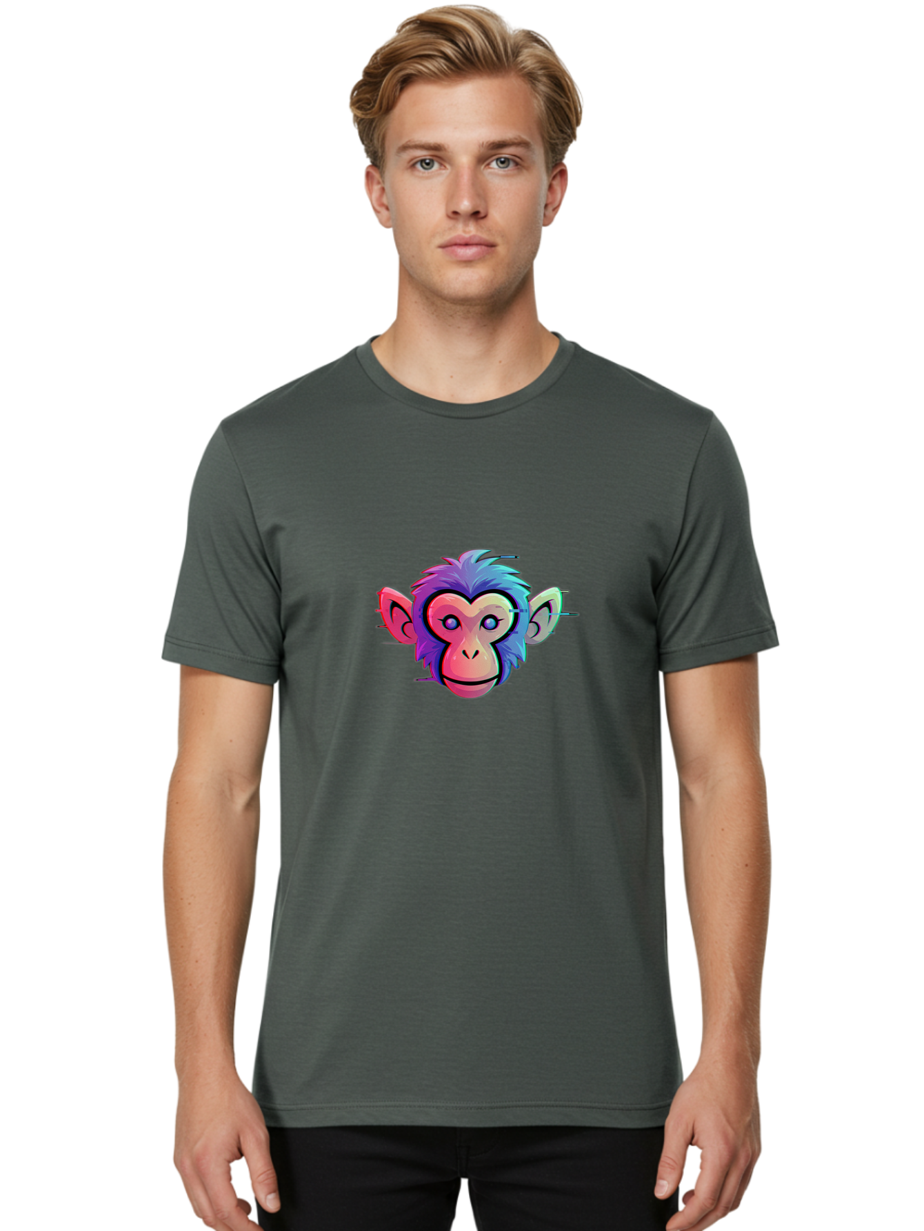 Colorful-Monkey-Head Men'S Graphic Tee, 100% Cotton, Comfortable Casual Summer Wear, Machine Washable, Cartoon Monkey, Colorful Illustration, Vibrant Fur, Pink Face, Blue Eyes, Playful Expression, Whimsical Design, Digital Art, Modern Graphic Baa391