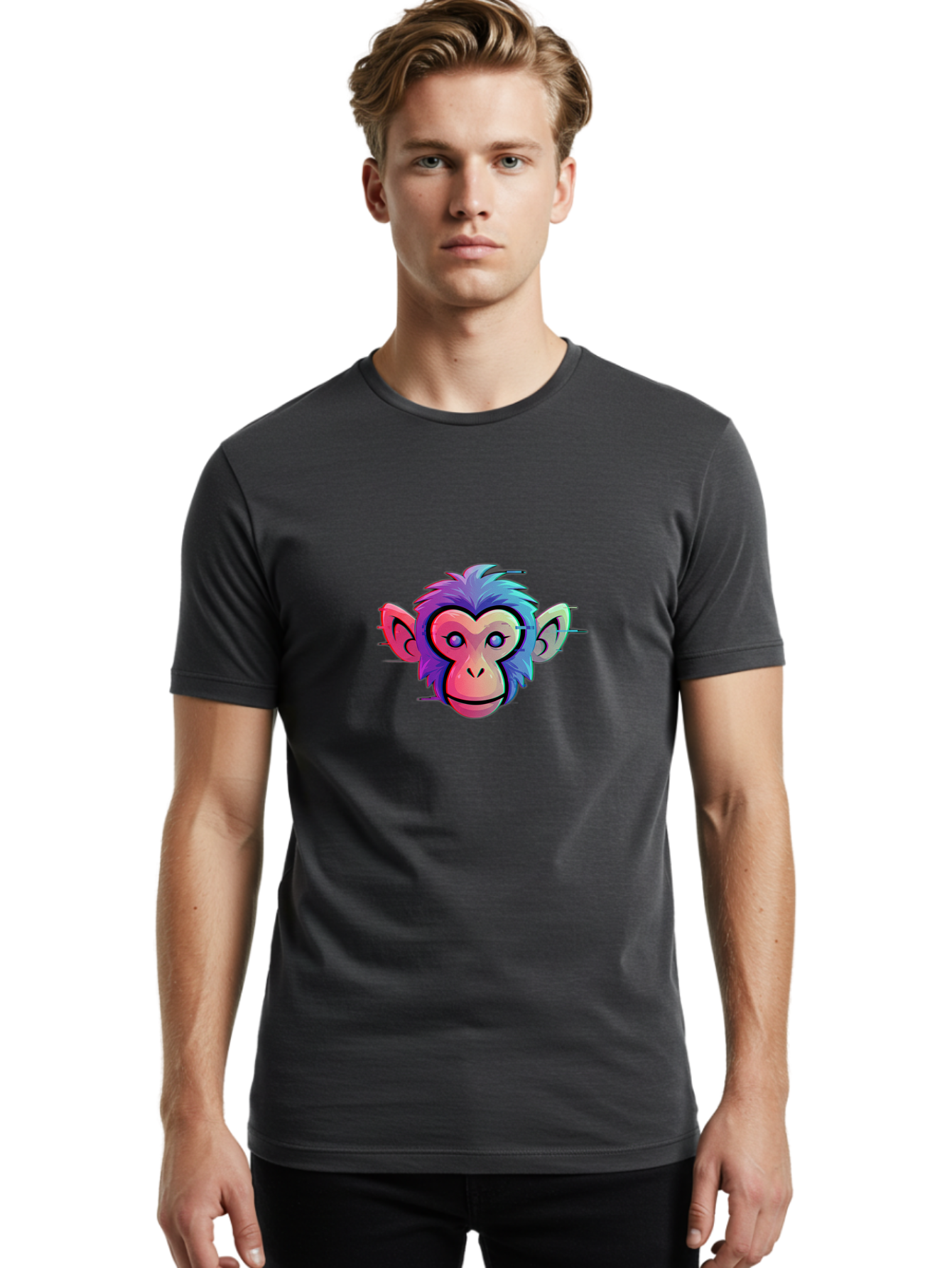 Colorful-Monkey-Head Men'S Graphic Tee, 100% Cotton, Comfortable Casual Summer Wear, Machine Washable, Cartoon Monkey, Colorful Illustration, Vibrant Fur, Pink Face, Blue Eyes, Playful Expression, Whimsical Design, Digital Art, Modern Graphic Baa391