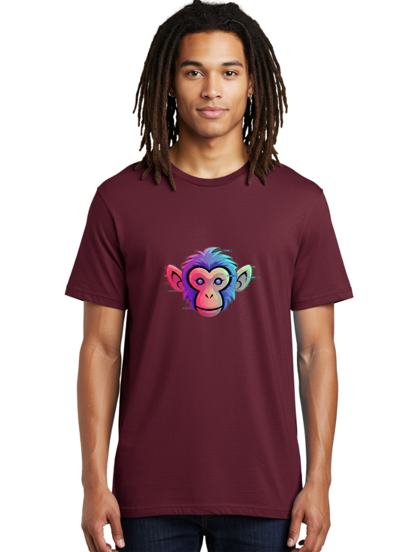 Colorful-Monkey-Head Men'S Graphic Tee, 100% Cotton, Comfortable Casual Summer Wear, Machine Washable, Cartoon Monkey, Colorful Illustration, Vibrant Fur, Pink Face, Blue Eyes, Playful Expression, Whimsical Design, Digital Art, Modern Graphic Baa391
