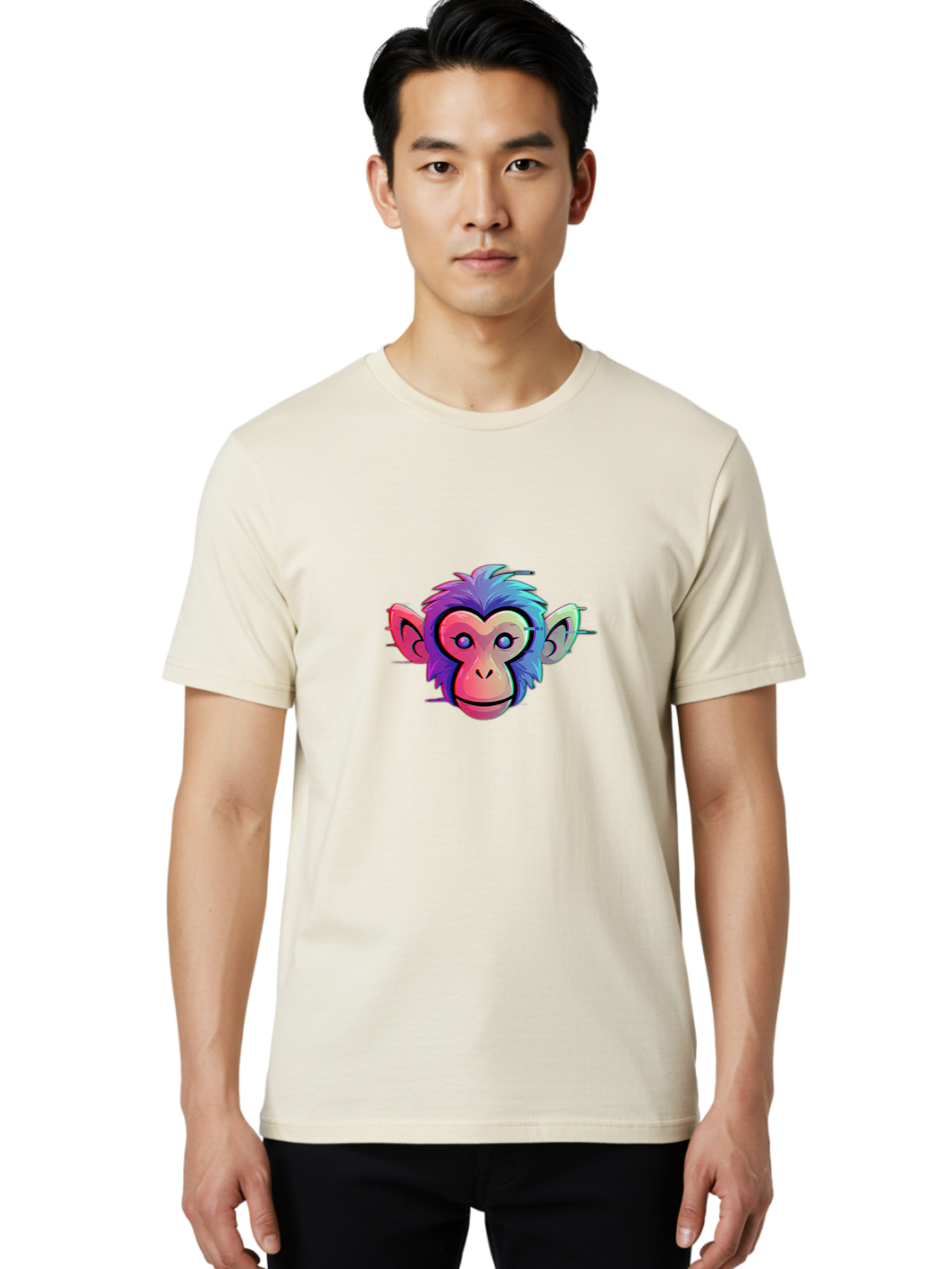 Colorful-Monkey-Head Men'S Graphic Tee, 100% Cotton, Comfortable Casual Summer Wear, Machine Washable, Cartoon Monkey, Colorful Illustration, Vibrant Fur, Pink Face, Blue Eyes, Playful Expression, Whimsical Design, Digital Art, Modern Graphic Baa391