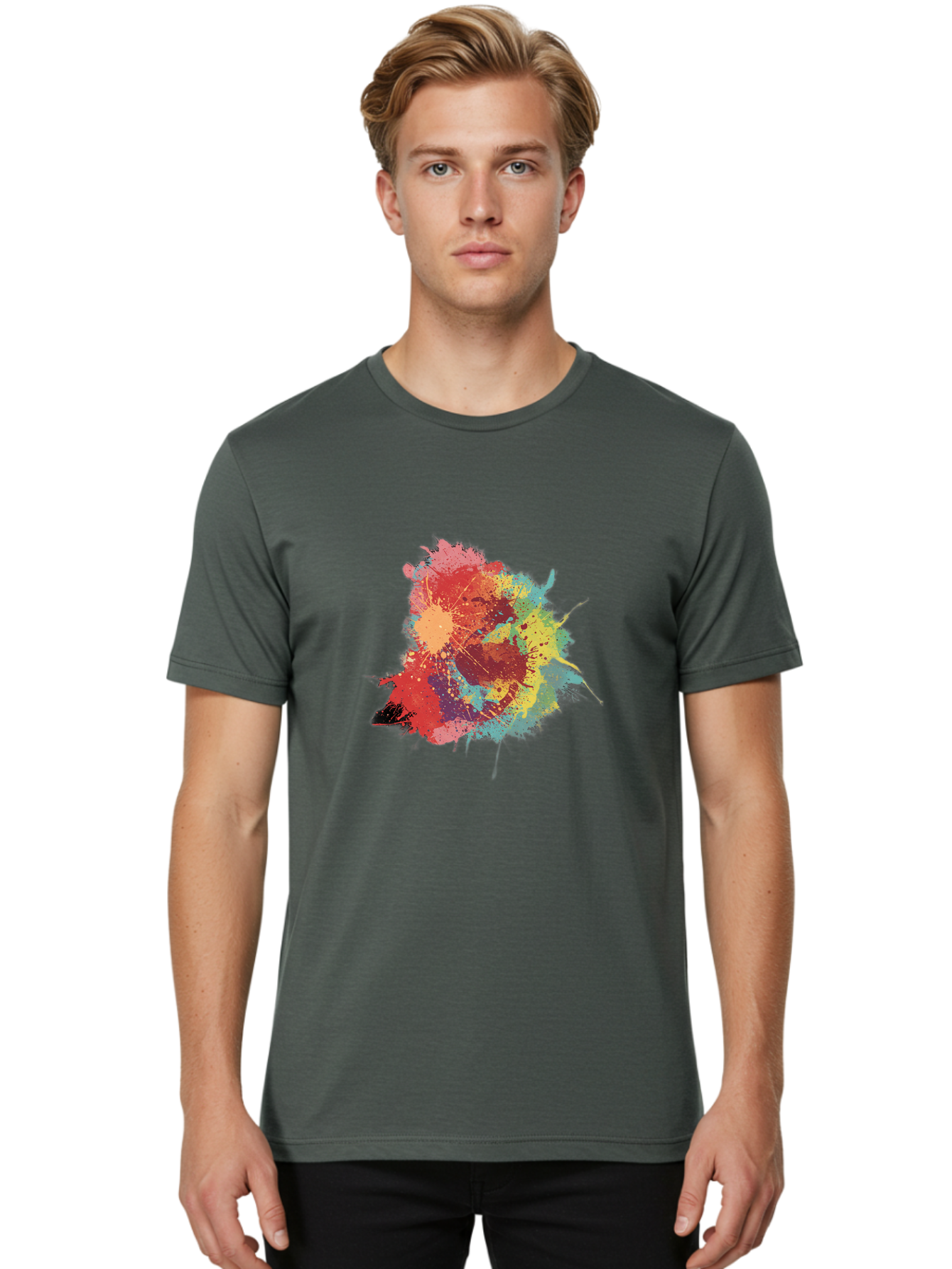 Colorful-Paint-Splatter Men'S Graphic Tee, 100% Cotton, Comfortable Casual Summer Wear, Machine Washable, Colorful Paint Splash, Vibrant Colors, Abstract Art, Dynamic Splatters, Creative Expression, Multicolored Design, Artistic Splatter, Baa392