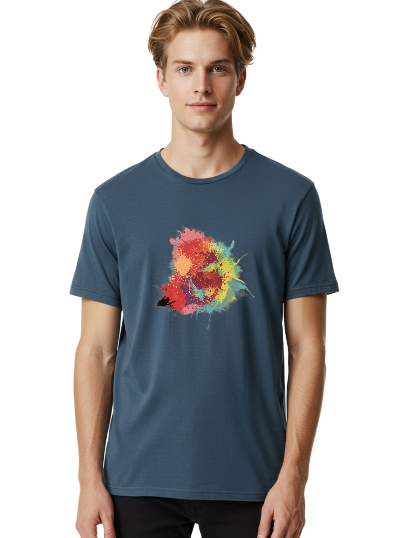 Colorful-Paint-Splatter Men'S Graphic Tee, 100% Cotton, Comfortable Casual Summer Wear, Machine Washable, Colorful Paint Splash, Vibrant Colors, Abstract Art, Dynamic Splatters, Creative Expression, Multicolored Design, Artistic Splatter, Baa392