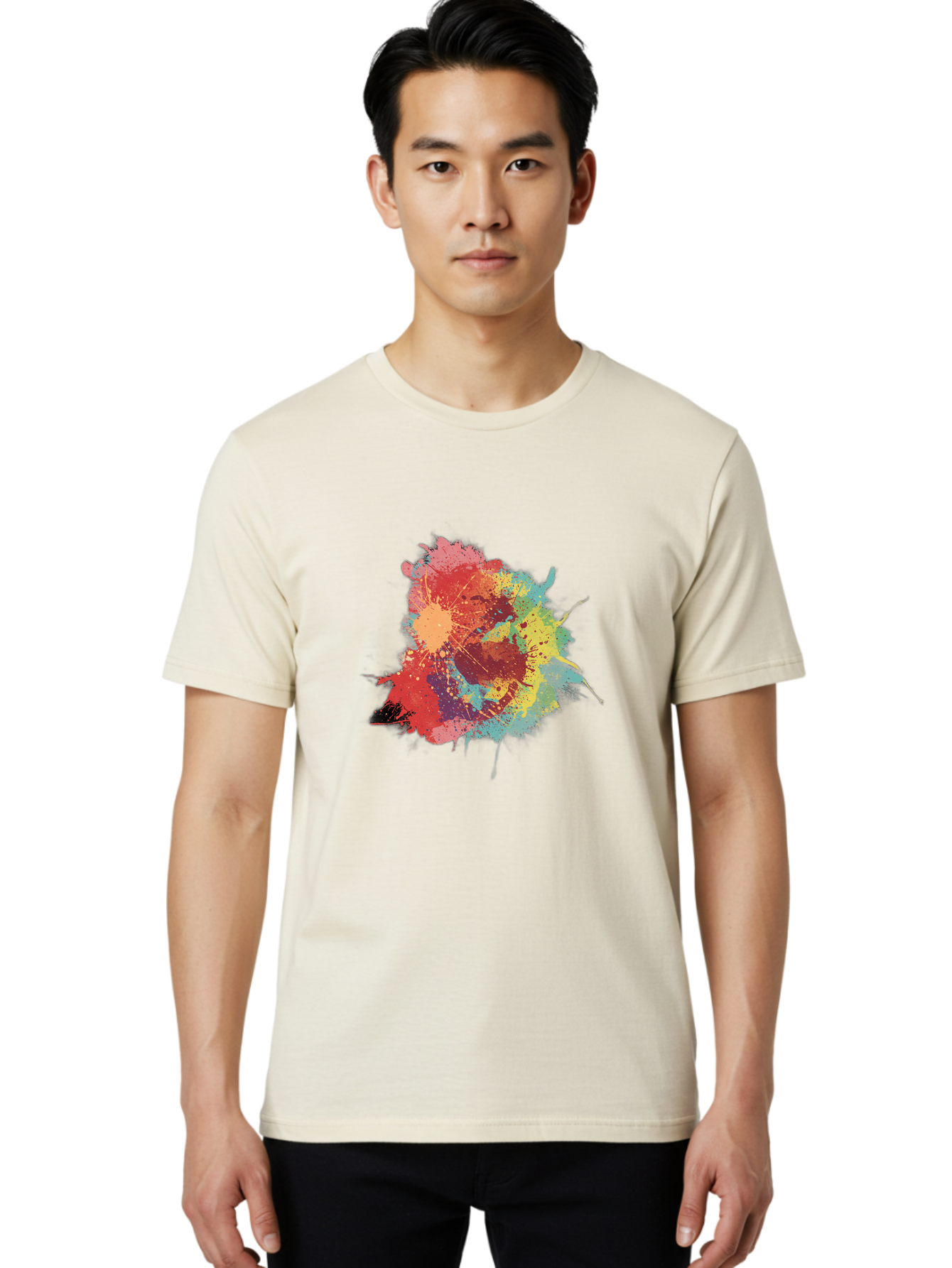 Colorful-Paint-Splatter Men'S Graphic Tee, 100% Cotton, Comfortable Casual Summer Wear, Machine Washable, Colorful Paint Splash, Vibrant Colors, Abstract Art, Dynamic Splatters, Creative Expression, Multicolored Design, Artistic Splatter, Baa392