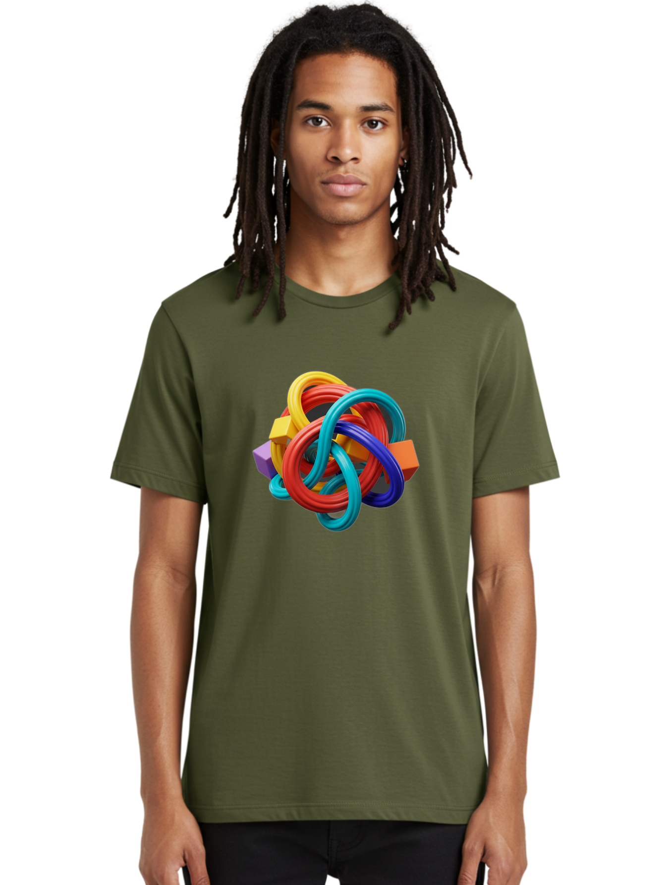 Colorful-Rings-And-Cubes Men'S Graphic Tee, 100% Cotton, Comfortable Casual Summer Wear, Machine Washable, Interconnected Rings, 3D Graphics, Colorful Shapes, Abstract Art, Vibrant Colors, Geometric Forms, Dynamic Composition, Modern Design, Baa393