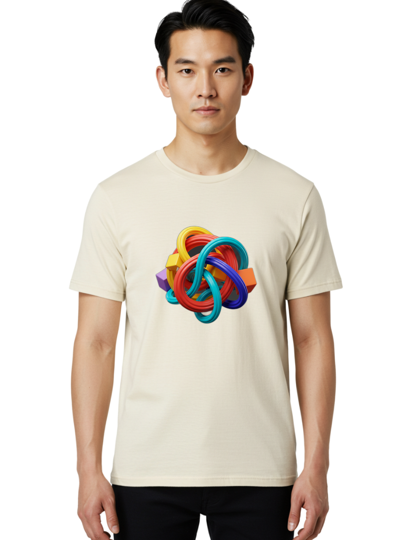 Colorful-Rings-And-Cubes Men'S Graphic Tee, 100% Cotton, Comfortable Casual Summer Wear, Machine Washable, Interconnected Rings, 3D Graphics, Colorful Shapes, Abstract Art, Vibrant Colors, Geometric Forms, Dynamic Composition, Modern Design, Baa393