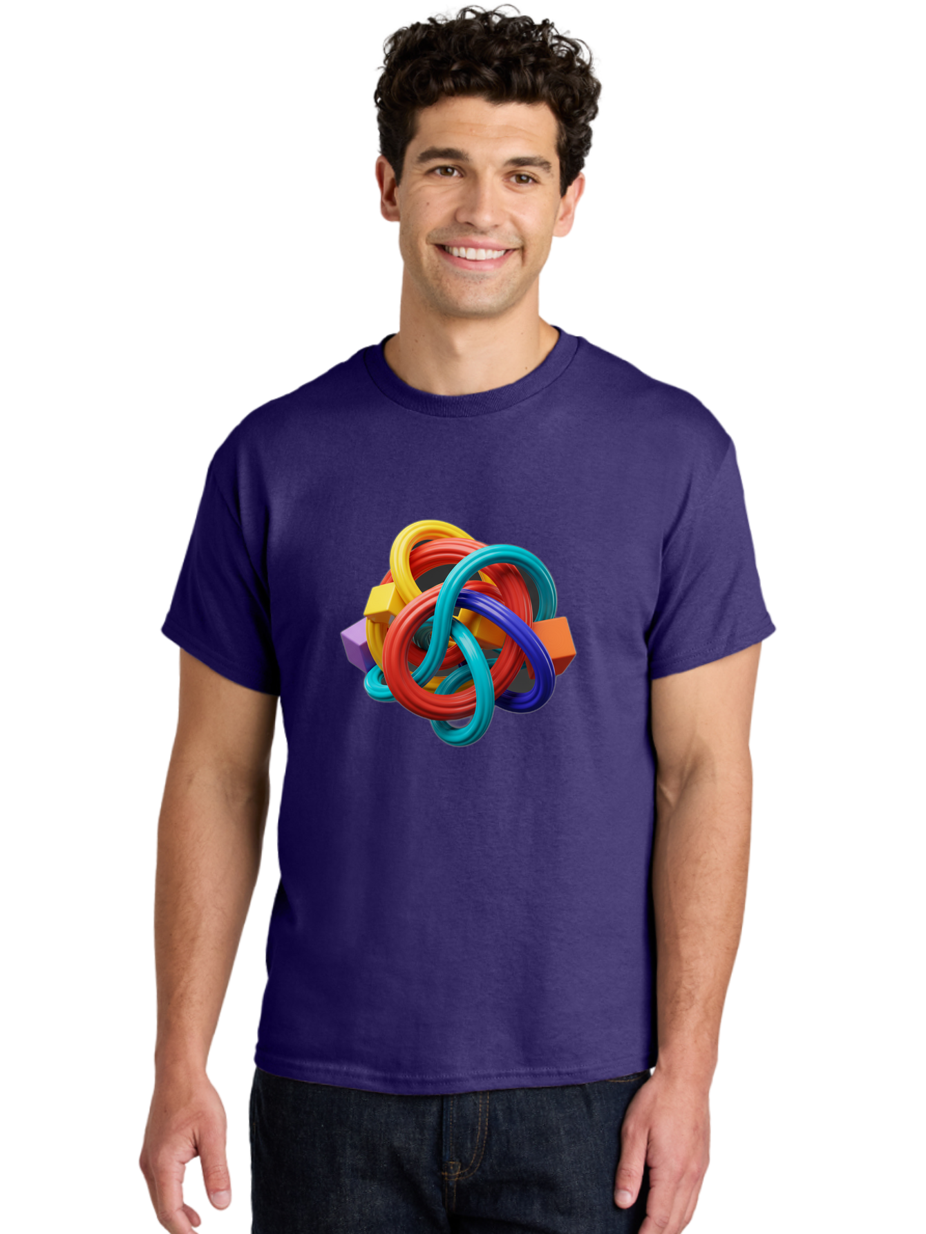Colorful-Rings-And-Cubes Men'S Graphic Tee, 100% Cotton, Comfortable Casual Summer Wear, Machine Washable, Interconnected Rings, 3D Graphics, Colorful Shapes, Abstract Art, Vibrant Colors, Geometric Forms, Dynamic Composition, Modern Design, Baa393
