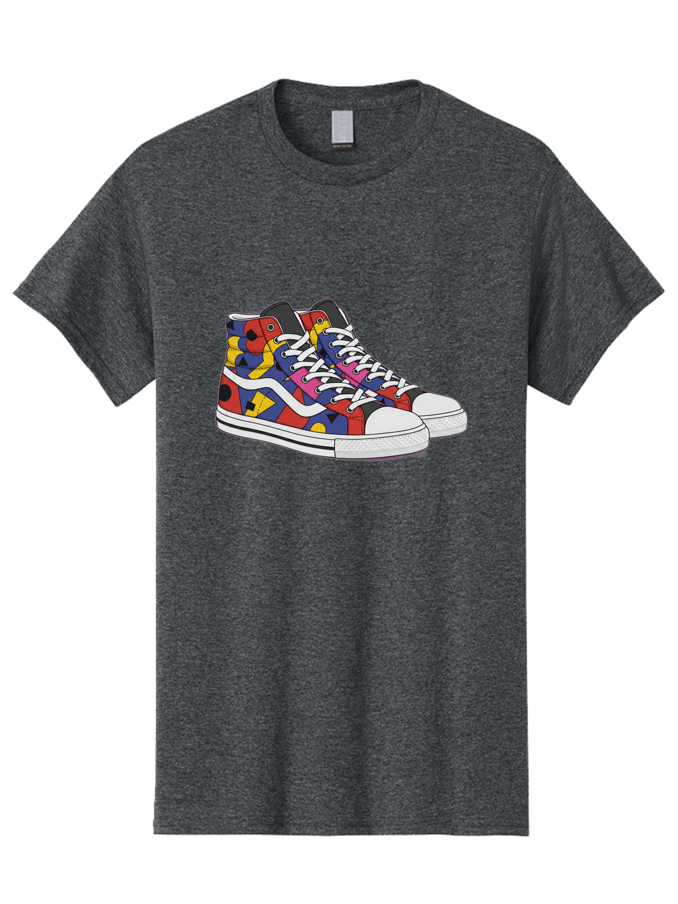 Colorful-Sneakers Men'S Graphic Tee, 100% Cotton, Comfortable Casual Summer Wear, Machine Washable, High-Top Sneakers, Colorful Sneakers, Abstract Shapes, Vibrant Colors, Bold Design, Streetwear Fashion, Trendy Footwear, White Laces, Baa394