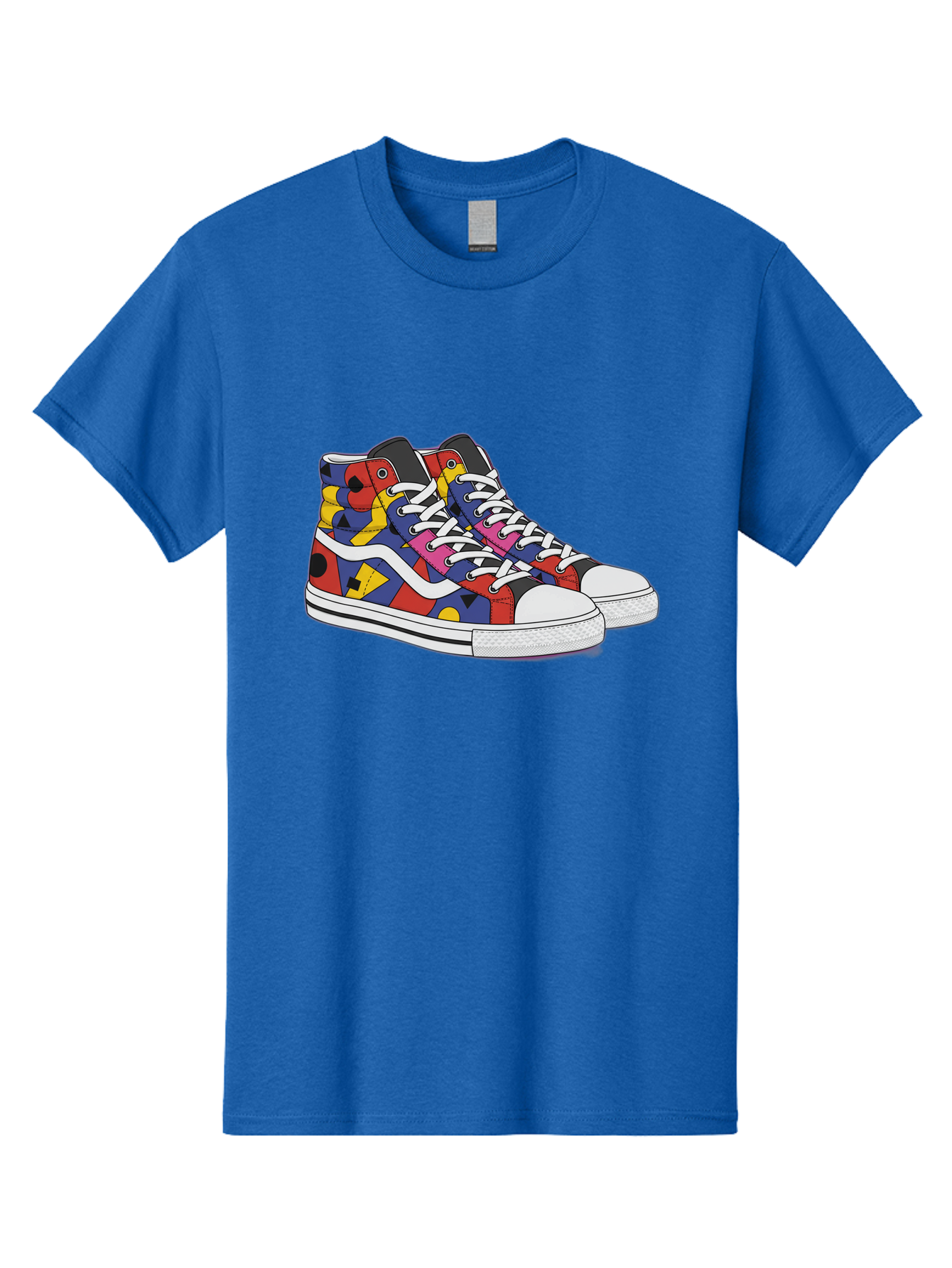 Colorful-Sneakers Men'S Graphic Tee, 100% Cotton, Comfortable Casual Summer Wear, Machine Washable, High-Top Sneakers, Colorful Sneakers, Abstract Shapes, Vibrant Colors, Bold Design, Streetwear Fashion, Trendy Footwear, White Laces, Baa394