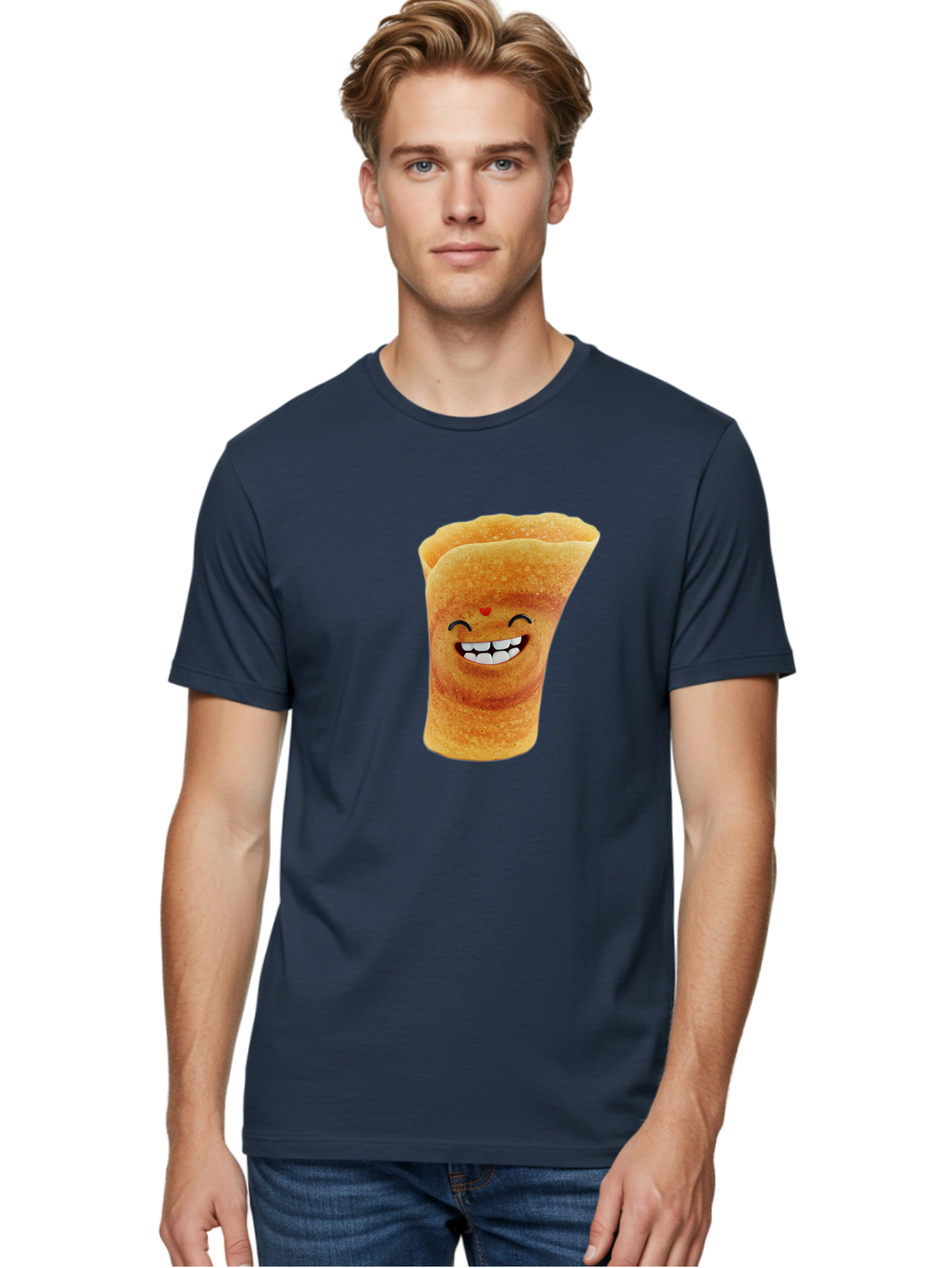 Conical-Crepe Men'S Graphic Tee, 100% Cotton, Comfortable Casual Summer Wear, Machine Washable, Crepe Cone, Smiling Face, Happy Expression, Food Illustration, Cartoon Character, Breakfast Food, Dessert Cone, Sweet Treat, Tasty Delight, Baa395