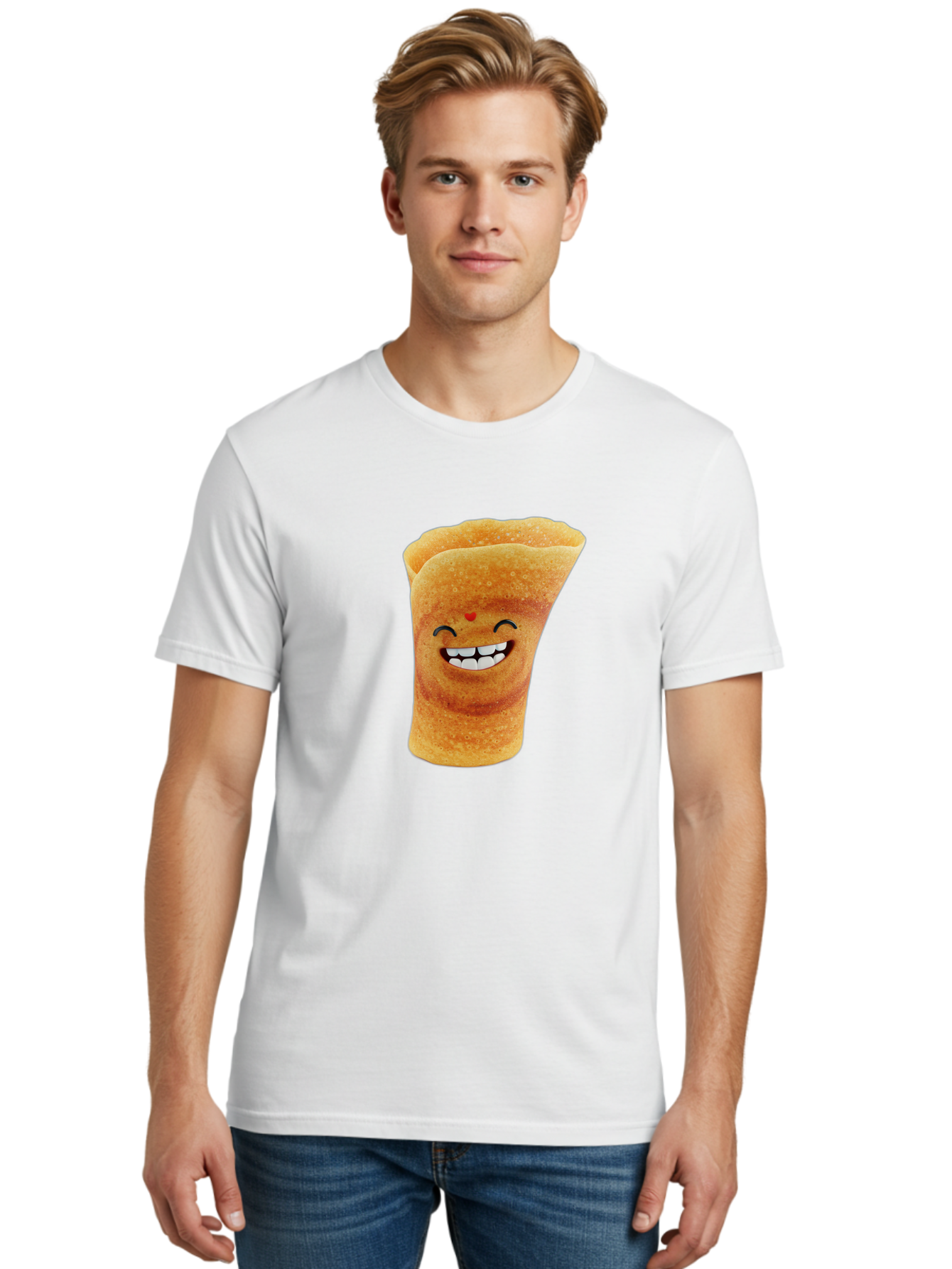 Conical-Crepe Men'S Graphic Tee, 100% Cotton, Comfortable Casual Summer Wear, Machine Washable, Crepe Cone, Smiling Face, Happy Expression, Food Illustration, Cartoon Character, Breakfast Food, Dessert Cone, Sweet Treat, Tasty Delight, Baa395
