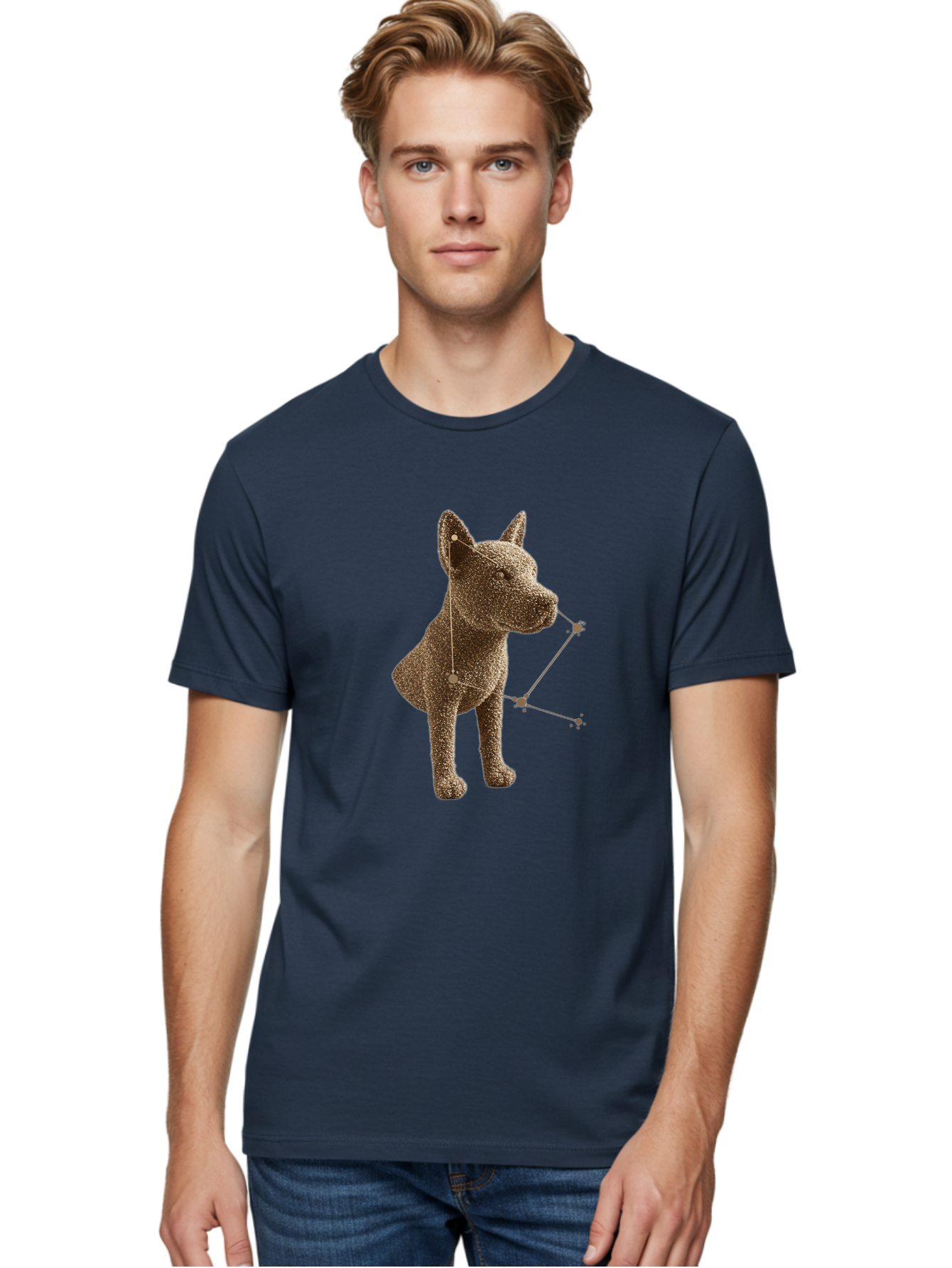 Constellation-Dog Men'S Graphic Tee, 100% Cotton, Comfortable Casual Summer Wear, Machine Washable, Stylized Dog Illustration, Constellation Pattern, Geometric Design, Modern Art, Dog Silhouette, Celestial Theme, Abstract Dog Art, Baa396