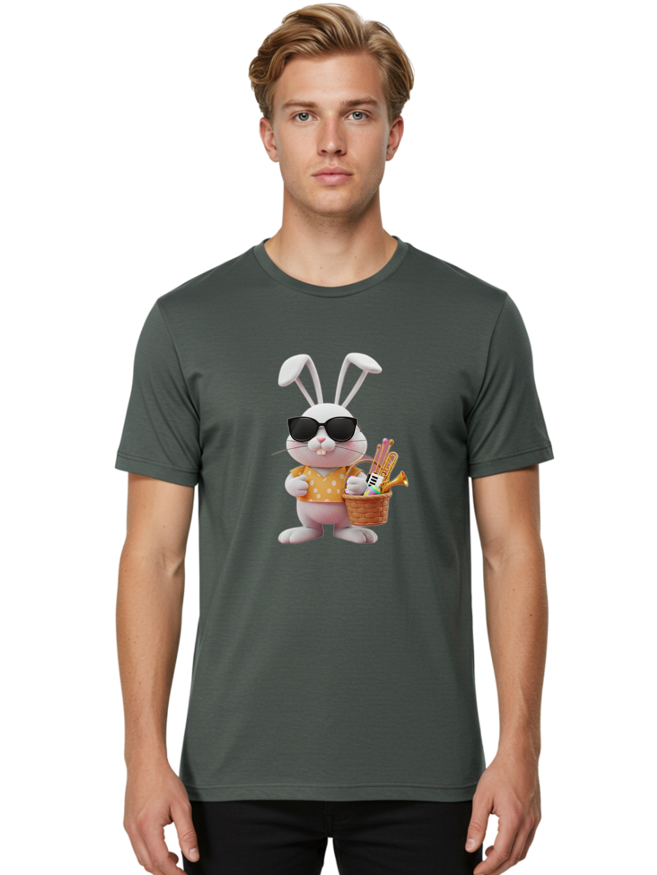 Cool-Bunny-Easter Men'S Graphic Tee, 100% Cotton, Comfortable Casual Summer Wear, Machine Washable, Easter Bunny With Sunglasses, Orange Polka Dot Shirt, Wicker Basket, Trumpet, Party Horns, Easter Eggs, Festive Accessories, Cartoon Character, Baa398