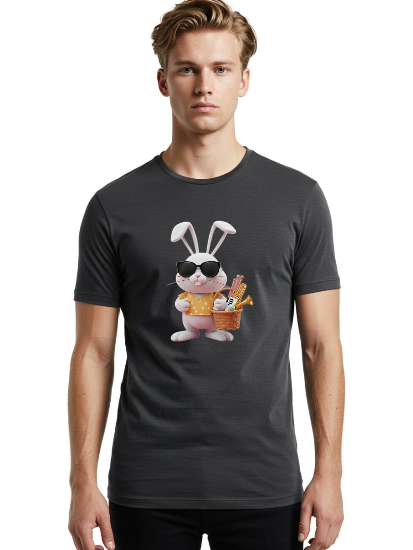 Cool-Bunny-Easter Men'S Graphic Tee, 100% Cotton, Comfortable Casual Summer Wear, Machine Washable, Easter Bunny With Sunglasses, Orange Polka Dot Shirt, Wicker Basket, Trumpet, Party Horns, Easter Eggs, Festive Accessories, Cartoon Character, Baa398