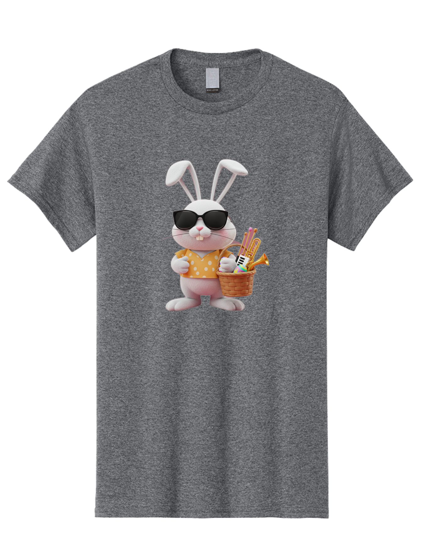 Cool-Bunny-Easter Men'S Graphic Tee, 100% Cotton, Comfortable Casual Summer Wear, Machine Washable, Easter Bunny With Sunglasses, Orange Polka Dot Shirt, Wicker Basket, Trumpet, Party Horns, Easter Eggs, Festive Accessories, Cartoon Character, Baa398