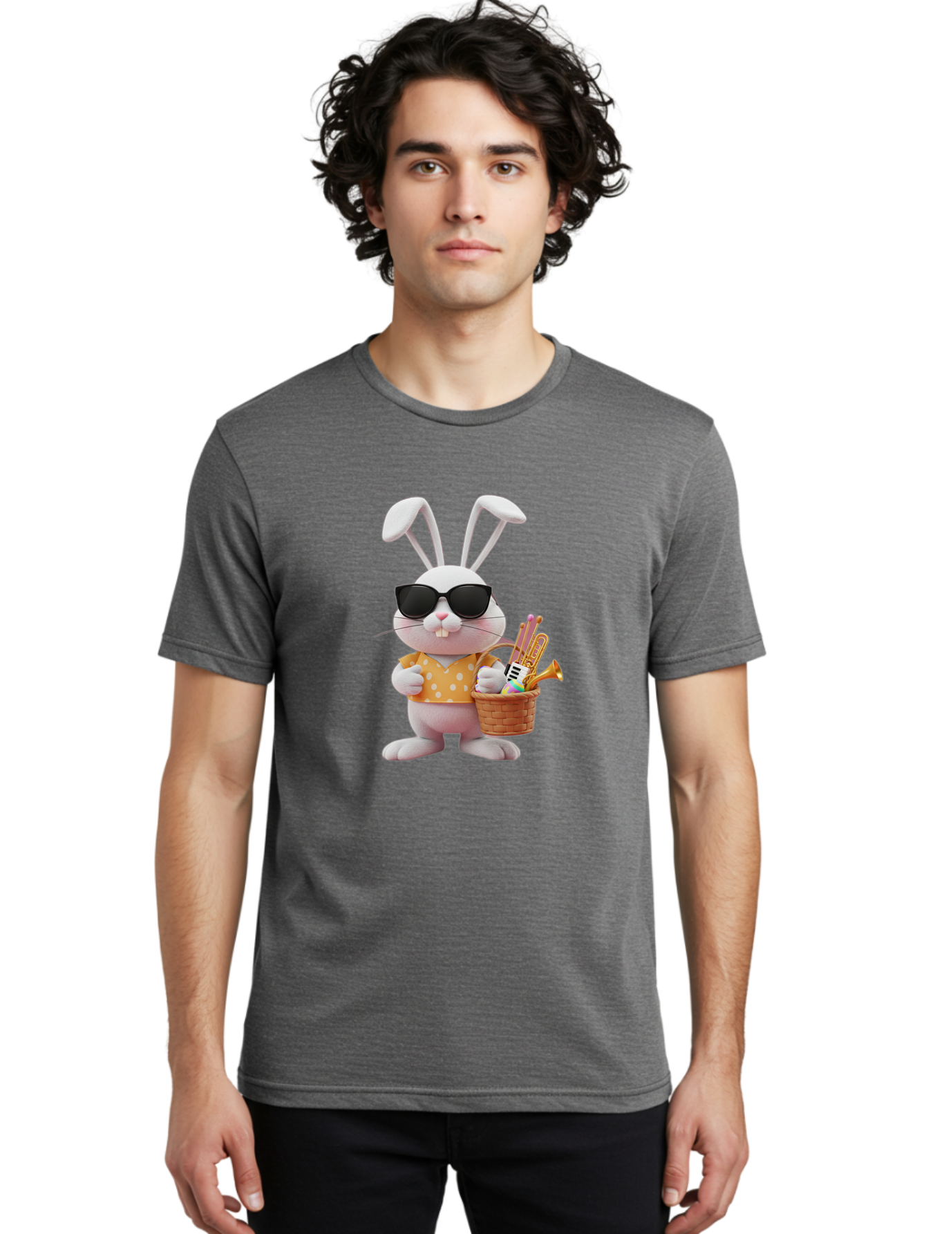 Cool-Bunny-Easter Men'S Graphic Tee, 100% Cotton, Comfortable Casual Summer Wear, Machine Washable, Easter Bunny With Sunglasses, Orange Polka Dot Shirt, Wicker Basket, Trumpet, Party Horns, Easter Eggs, Festive Accessories, Cartoon Character, Baa398