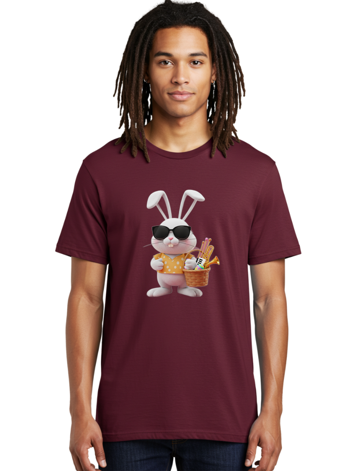 Cool-Bunny-Easter Men'S Graphic Tee, 100% Cotton, Comfortable Casual Summer Wear, Machine Washable, Easter Bunny With Sunglasses, Orange Polka Dot Shirt, Wicker Basket, Trumpet, Party Horns, Easter Eggs, Festive Accessories, Cartoon Character, Baa398