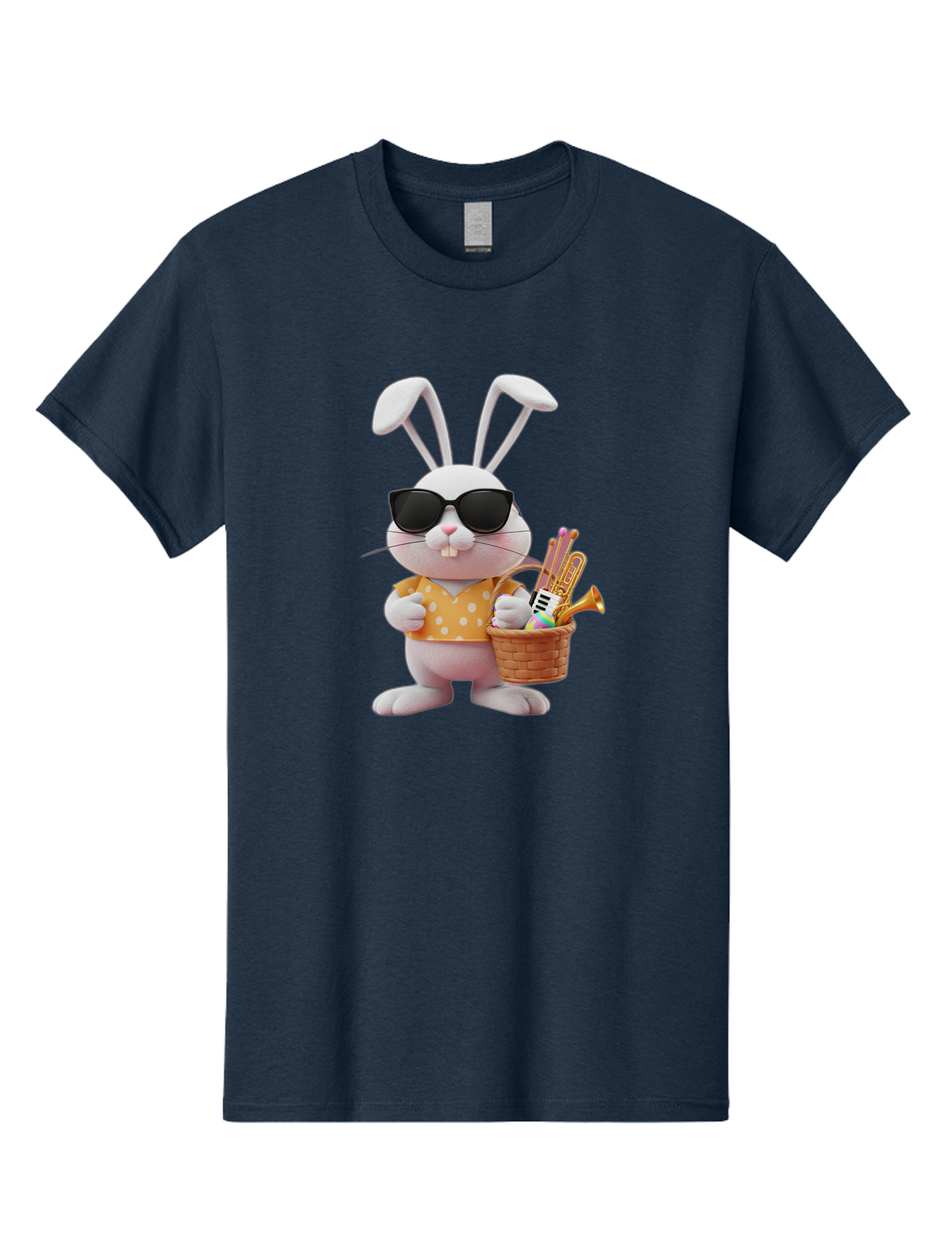 Cool-Bunny-Easter Men'S Graphic Tee, 100% Cotton, Comfortable Casual Summer Wear, Machine Washable, Easter Bunny With Sunglasses, Orange Polka Dot Shirt, Wicker Basket, Trumpet, Party Horns, Easter Eggs, Festive Accessories, Cartoon Character, Baa398