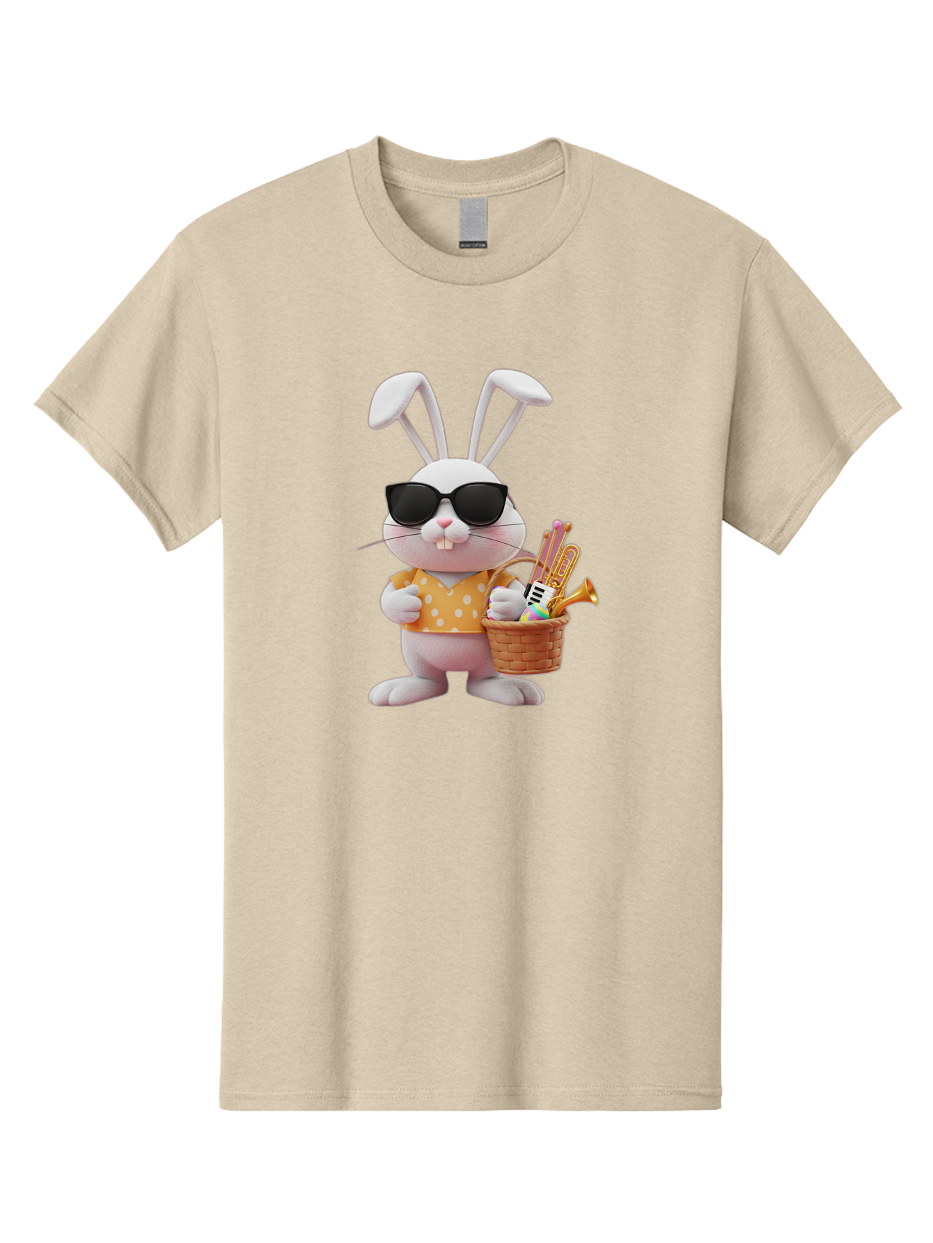 Cool-Bunny-Easter Men'S Graphic Tee, 100% Cotton, Comfortable Casual Summer Wear, Machine Washable, Easter Bunny With Sunglasses, Orange Polka Dot Shirt, Wicker Basket, Trumpet, Party Horns, Easter Eggs, Festive Accessories, Cartoon Character, Baa398
