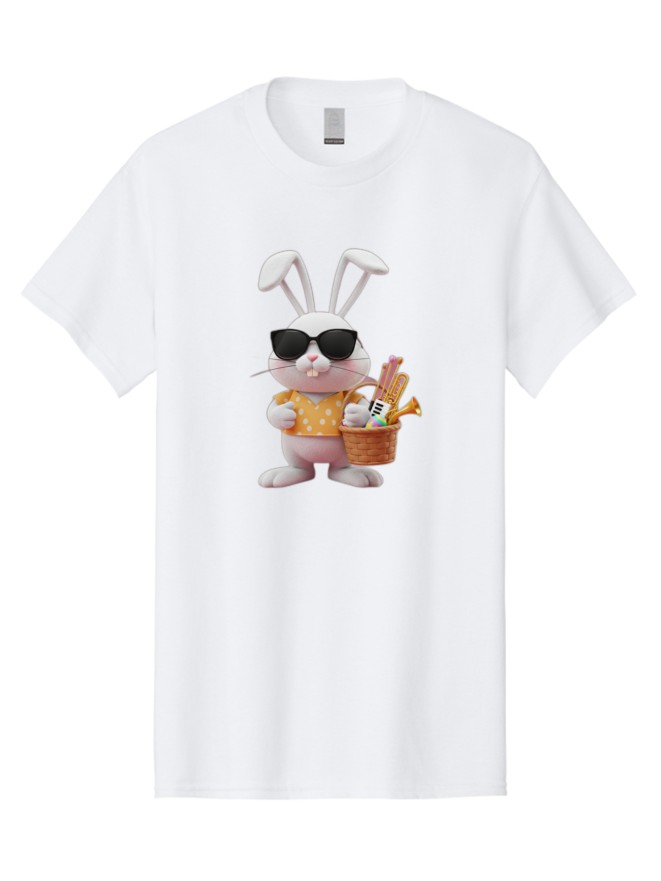 Cool-Bunny-Easter Men'S Graphic Tee, 100% Cotton, Comfortable Casual Summer Wear, Machine Washable, Easter Bunny With Sunglasses, Orange Polka Dot Shirt, Wicker Basket, Trumpet, Party Horns, Easter Eggs, Festive Accessories, Cartoon Character, Baa398