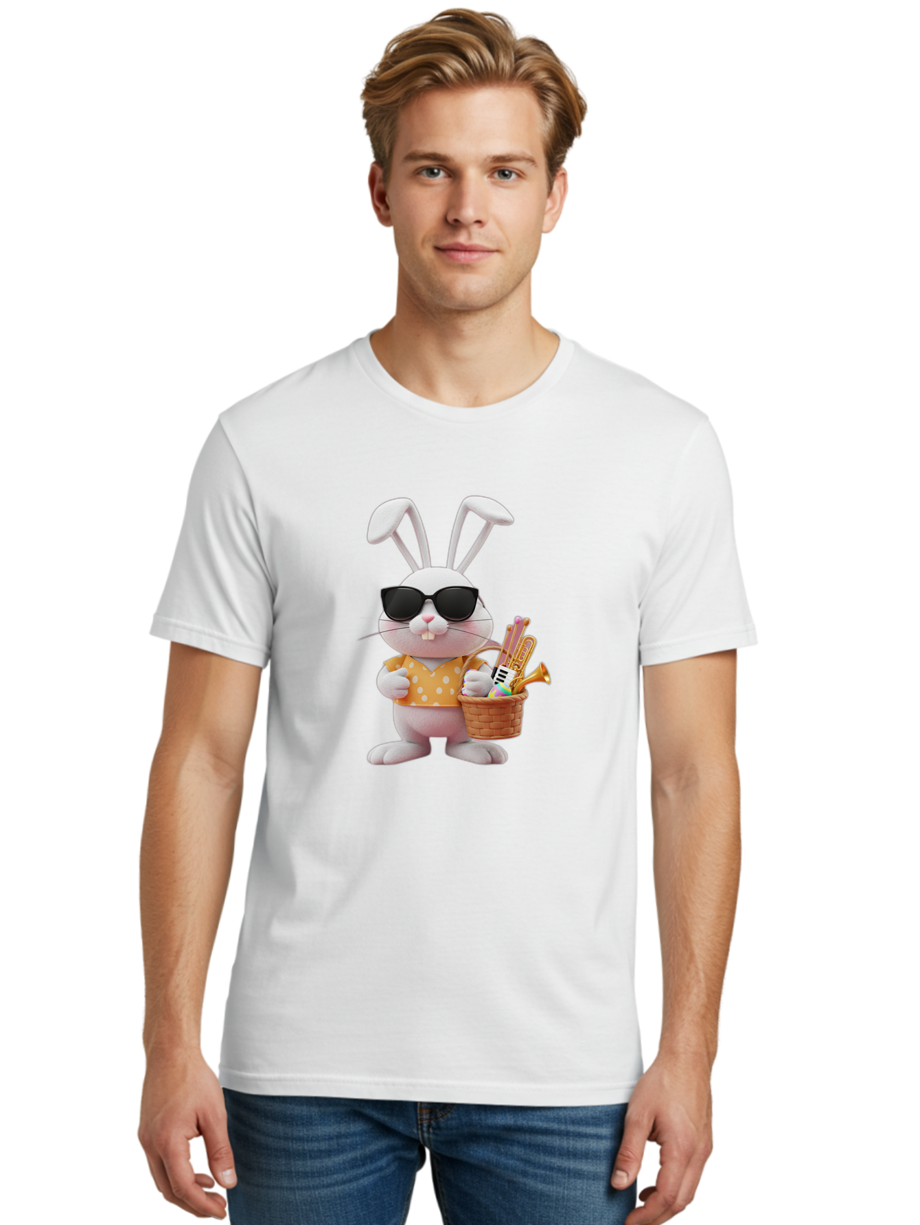 Cool-Bunny-Easter Men'S Graphic Tee, 100% Cotton, Comfortable Casual Summer Wear, Machine Washable, Easter Bunny With Sunglasses, Orange Polka Dot Shirt, Wicker Basket, Trumpet, Party Horns, Easter Eggs, Festive Accessories, Cartoon Character, Baa398
