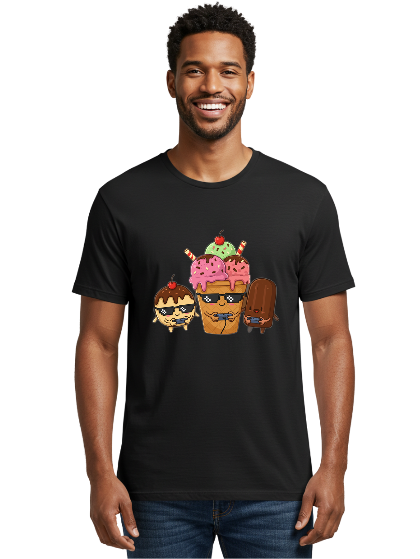 Cool-Ice-Cream-1 Men'S Graphic Tee, 100% Cotton, Comfortable Casual Summer Wear, Machine Washable, Cute Ice Cream Characters, Ice Cream Cone, Chocolate Chip Cookie Dough Ice Cream, Strawberry Ice Cream, Mint Chocolate Chip Ice Cream, Baa399
