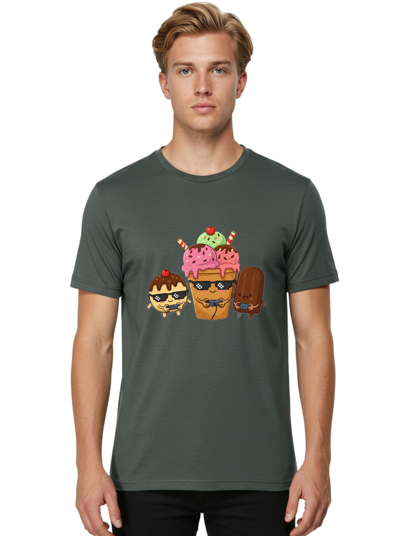 Cool-Ice-Cream-1 Men'S Graphic Tee, 100% Cotton, Comfortable Casual Summer Wear, Machine Washable, Cute Ice Cream Characters, Ice Cream Cone, Chocolate Chip Cookie Dough Ice Cream, Strawberry Ice Cream, Mint Chocolate Chip Ice Cream, Baa399