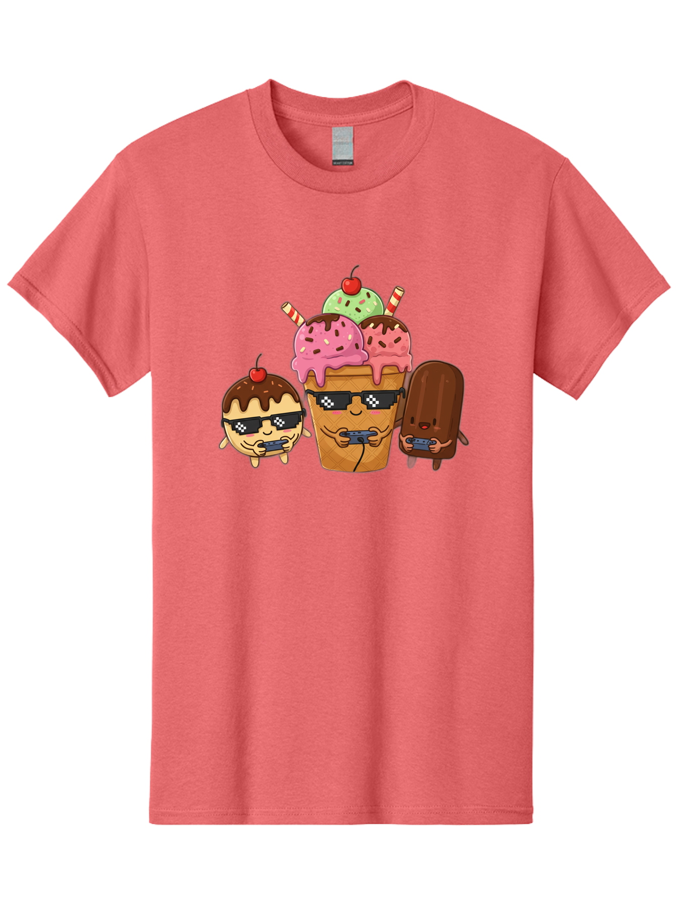 Cool-Ice-Cream-1 Men'S Graphic Tee, 100% Cotton, Comfortable Casual Summer Wear, Machine Washable, Cute Ice Cream Characters, Ice Cream Cone, Chocolate Chip Cookie Dough Ice Cream, Strawberry Ice Cream, Mint Chocolate Chip Ice Cream, Baa399