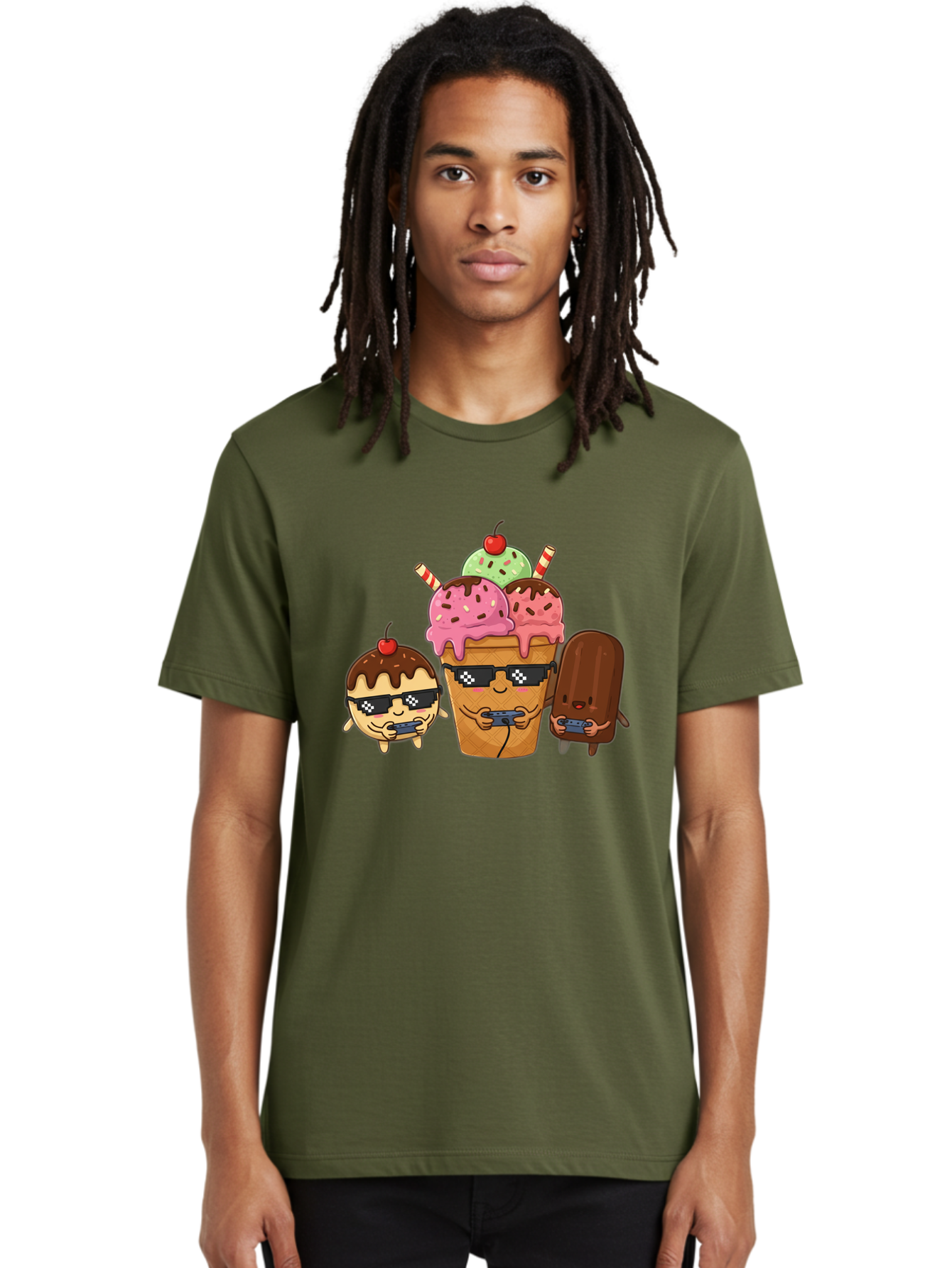Cool-Ice-Cream-1 Men'S Graphic Tee, 100% Cotton, Comfortable Casual Summer Wear, Machine Washable, Cute Ice Cream Characters, Ice Cream Cone, Chocolate Chip Cookie Dough Ice Cream, Strawberry Ice Cream, Mint Chocolate Chip Ice Cream, Baa399