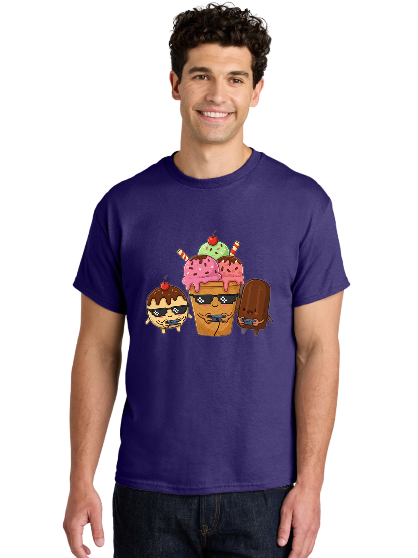 Cool-Ice-Cream-1 Men'S Graphic Tee, 100% Cotton, Comfortable Casual Summer Wear, Machine Washable, Cute Ice Cream Characters, Ice Cream Cone, Chocolate Chip Cookie Dough Ice Cream, Strawberry Ice Cream, Mint Chocolate Chip Ice Cream, Baa399